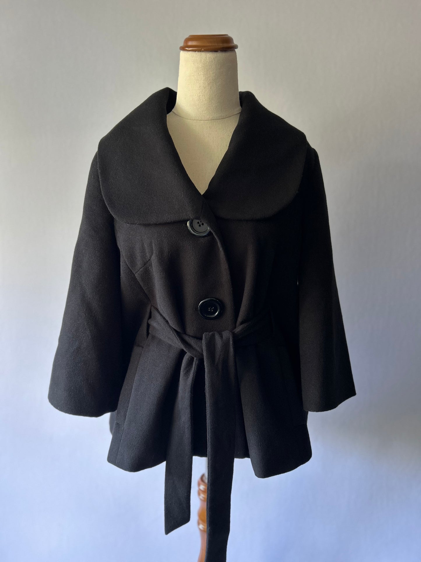 Classic Black Belted Pea Coat – Size M