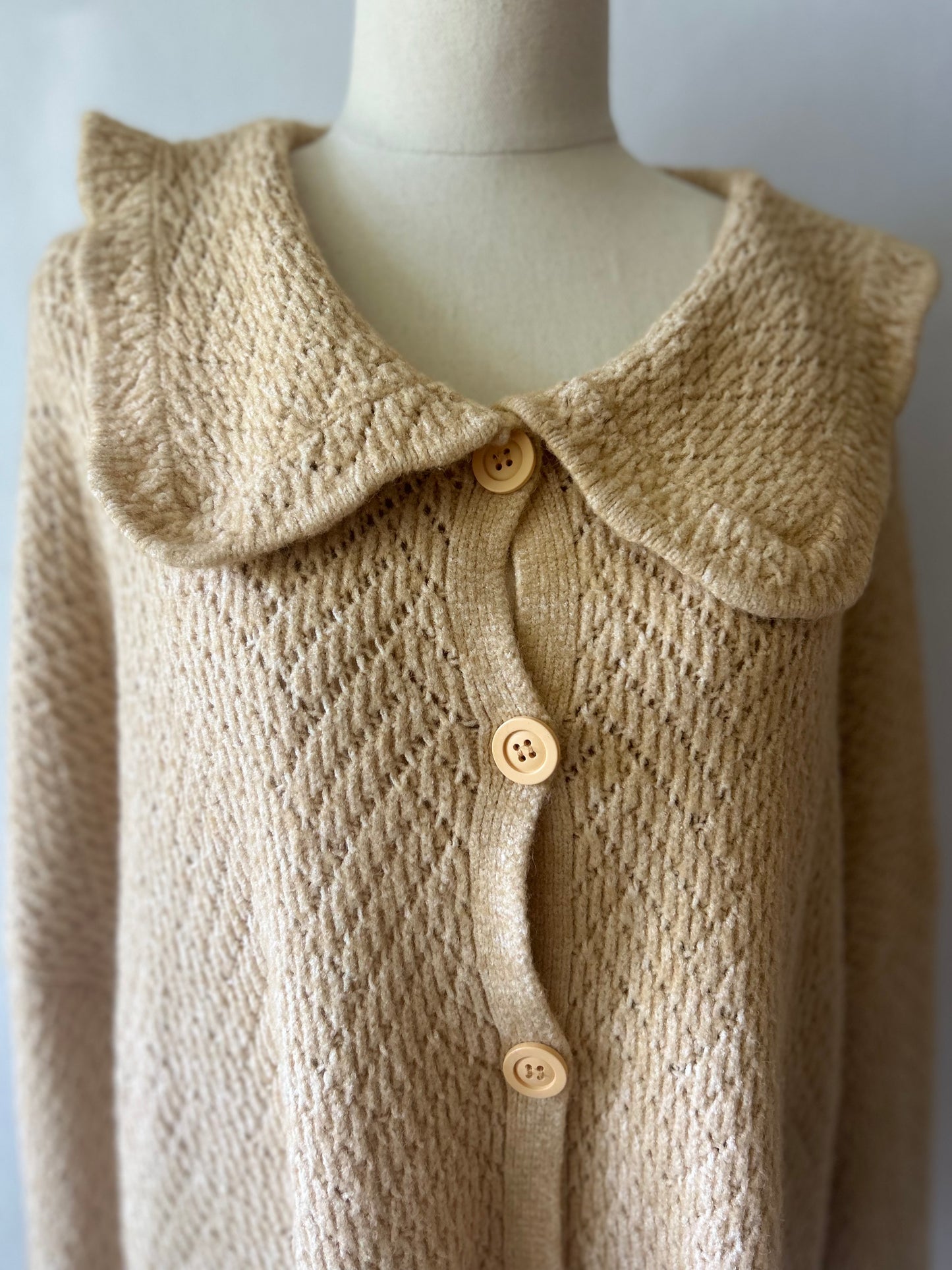 Textured Statement Collar Knit Cardigan - Oatmeal Beige - Size Large