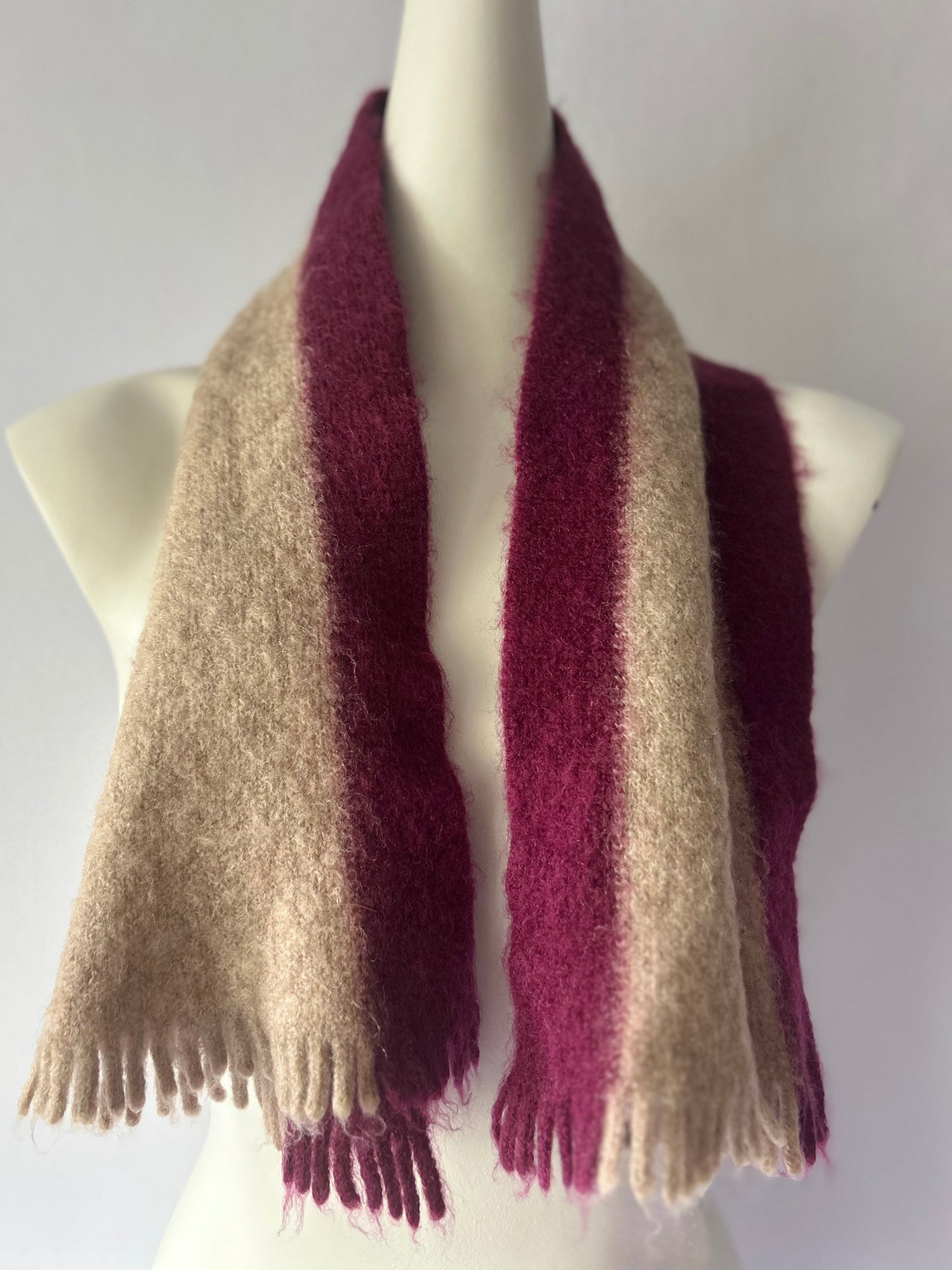 Vintage Mohair-Blend Striped Scarf in Plum & Oatmeal - One Size