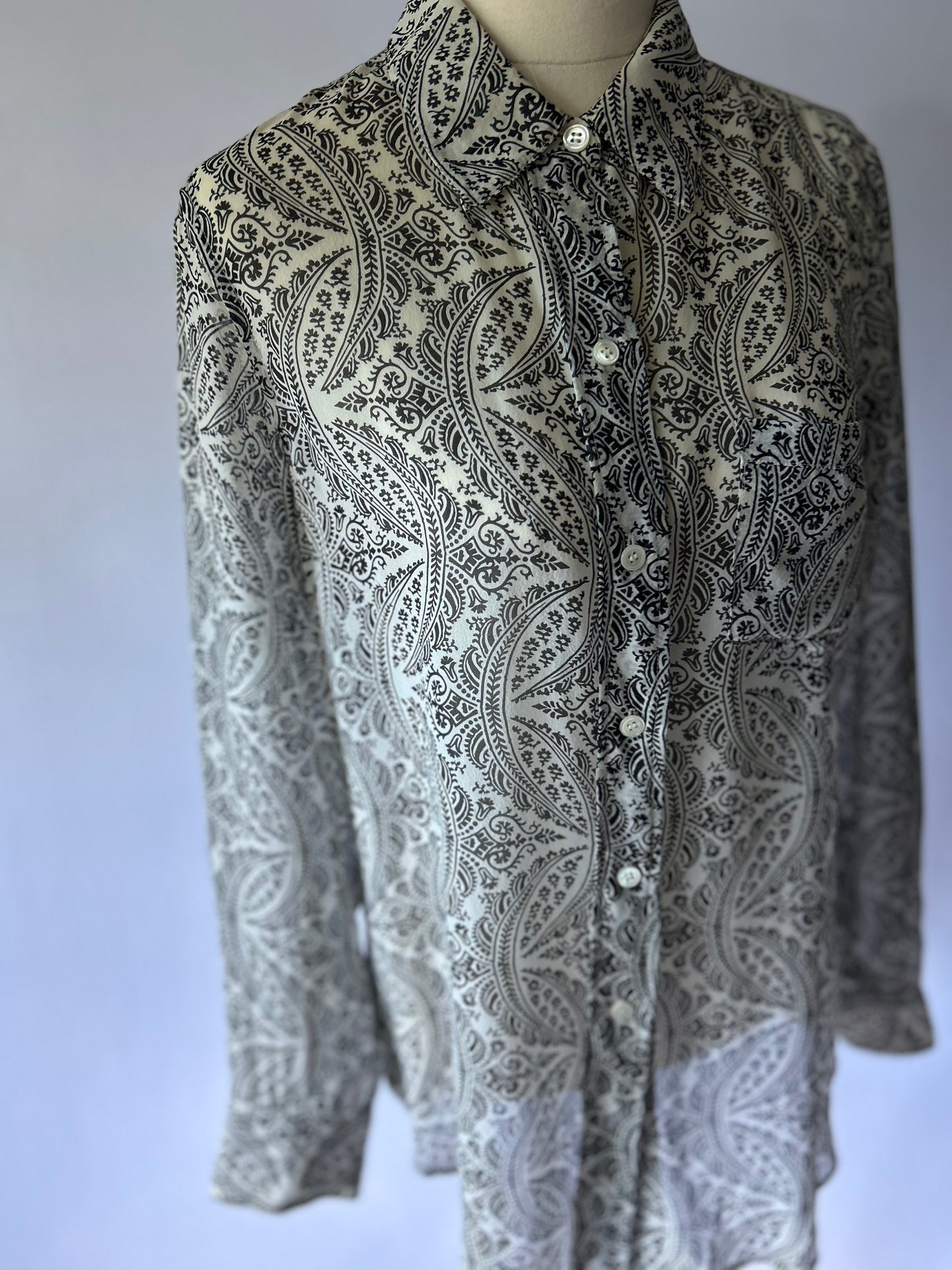 Theory Silk Button-Up Shirt – Black & White Paisley, Size S