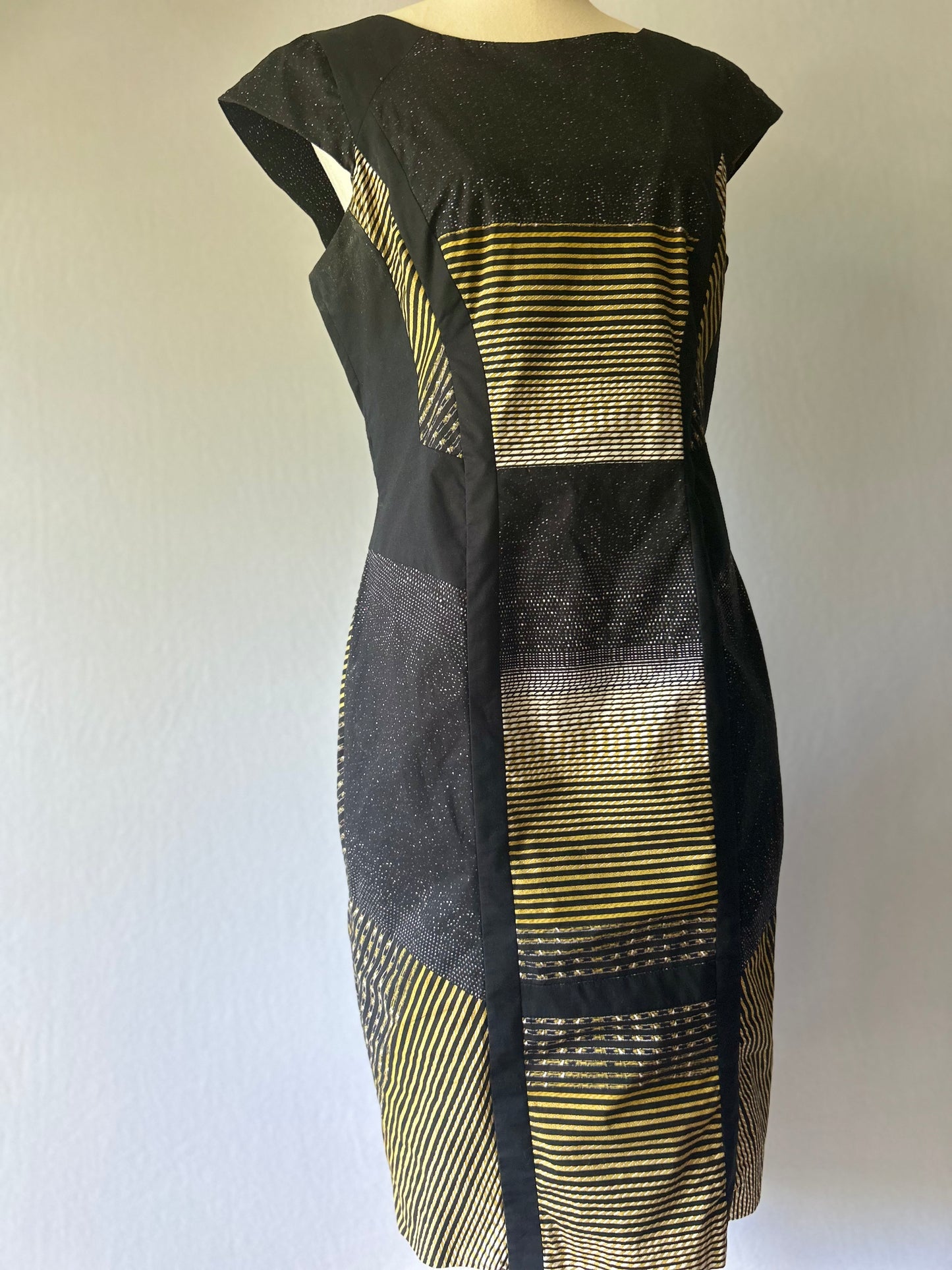 Geometric Jacquard Sheath Dress - Black & Gold Sparkle