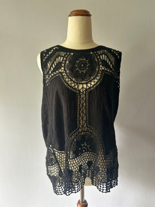 Black Crochet Lace Panel Cotton Sleeveless Boho Top - Size 14