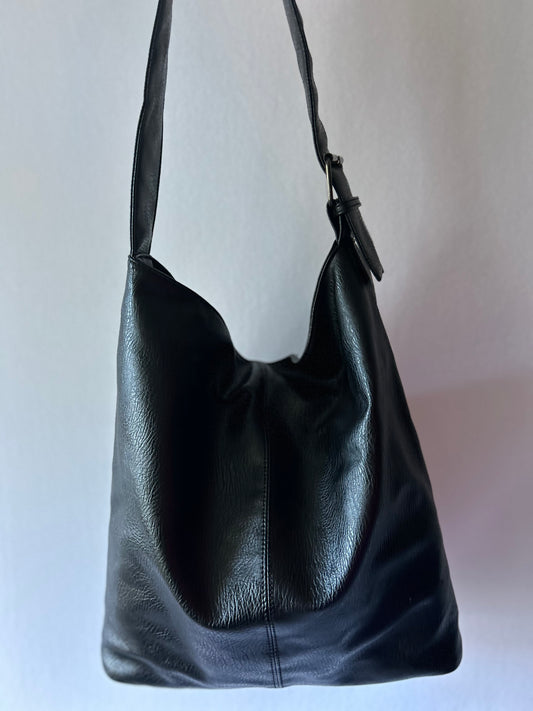 Minimalist Slouchy Faux Leather Hobo Bag - Black