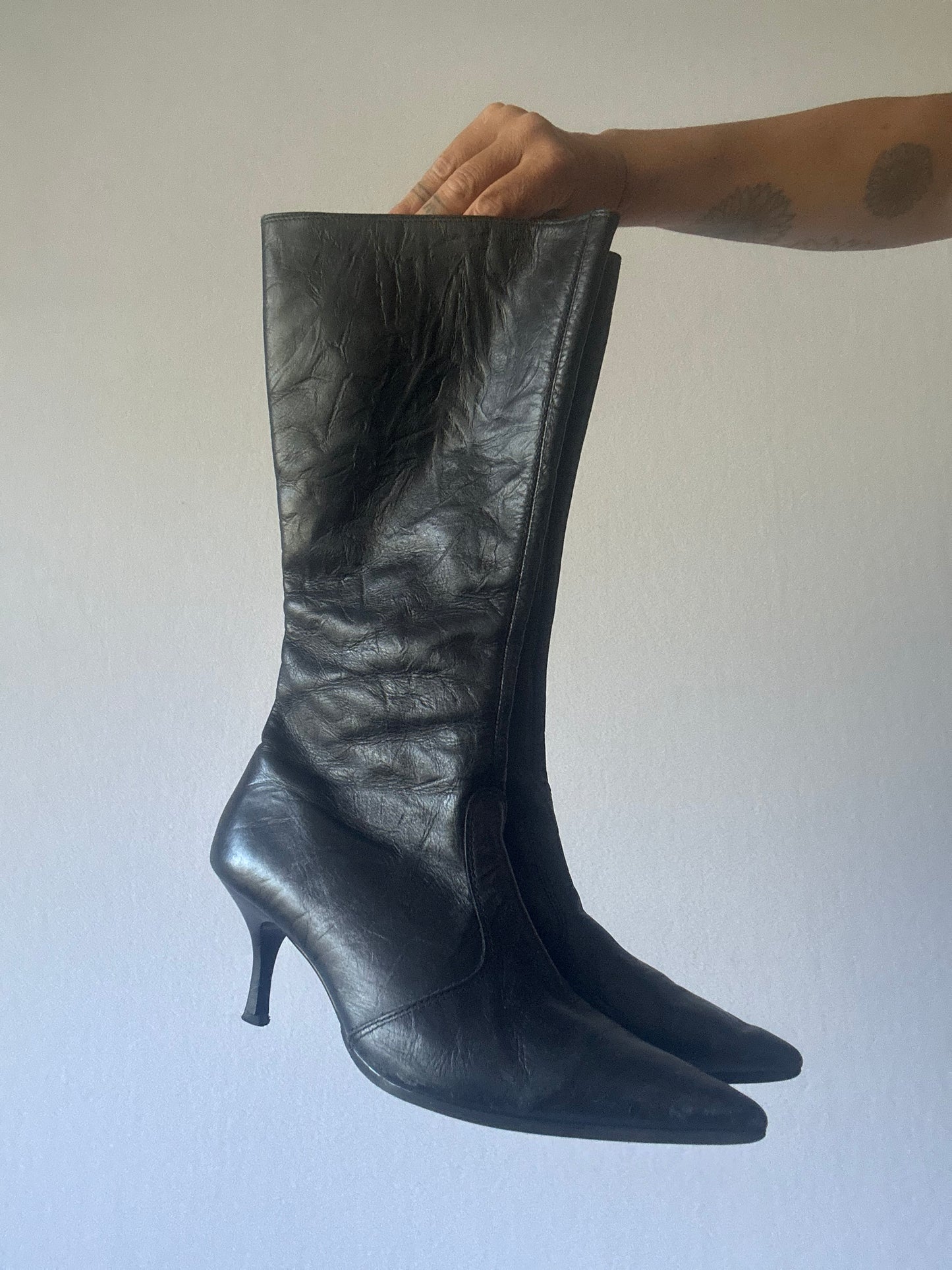 Vintage-Style Black Leather Pointed-Toe Ankle/Knee Boots - Size EUR 40