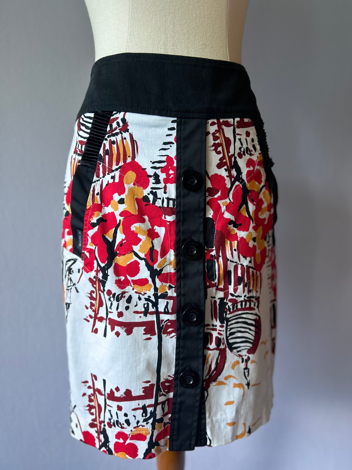 WORLD Graphic Print Skirt - Size XS | Cotton Blend Button-Down