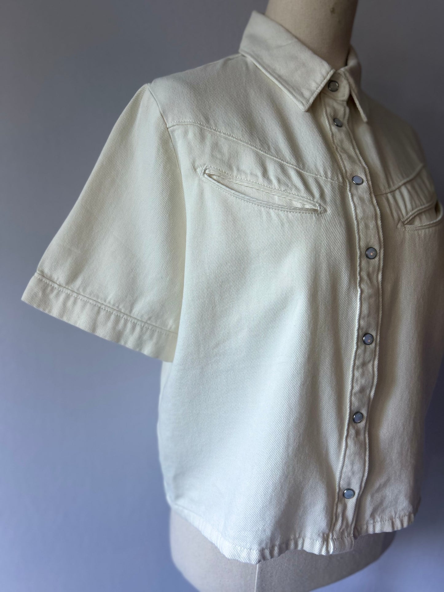 Ecru Cotton Denim Western Snap Shirt - Size Small