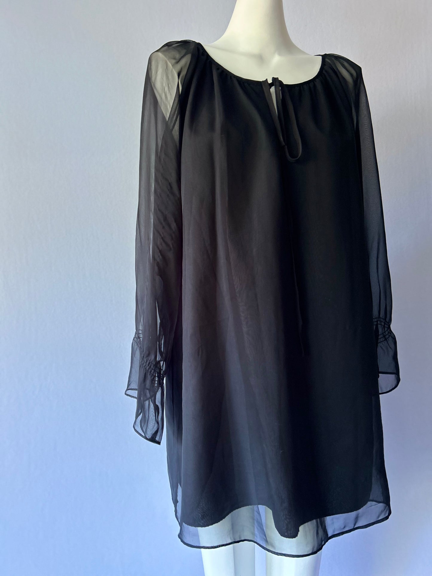 Romantic Black Chiffon-Style Layered Dress | Tie Neck | Size 12