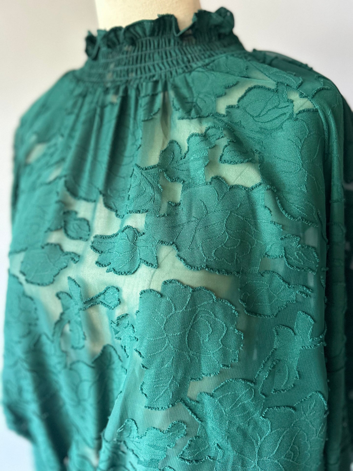 Sheer Floral Jacquard Mock-Neck Blouse - Emerald Green - Size 16