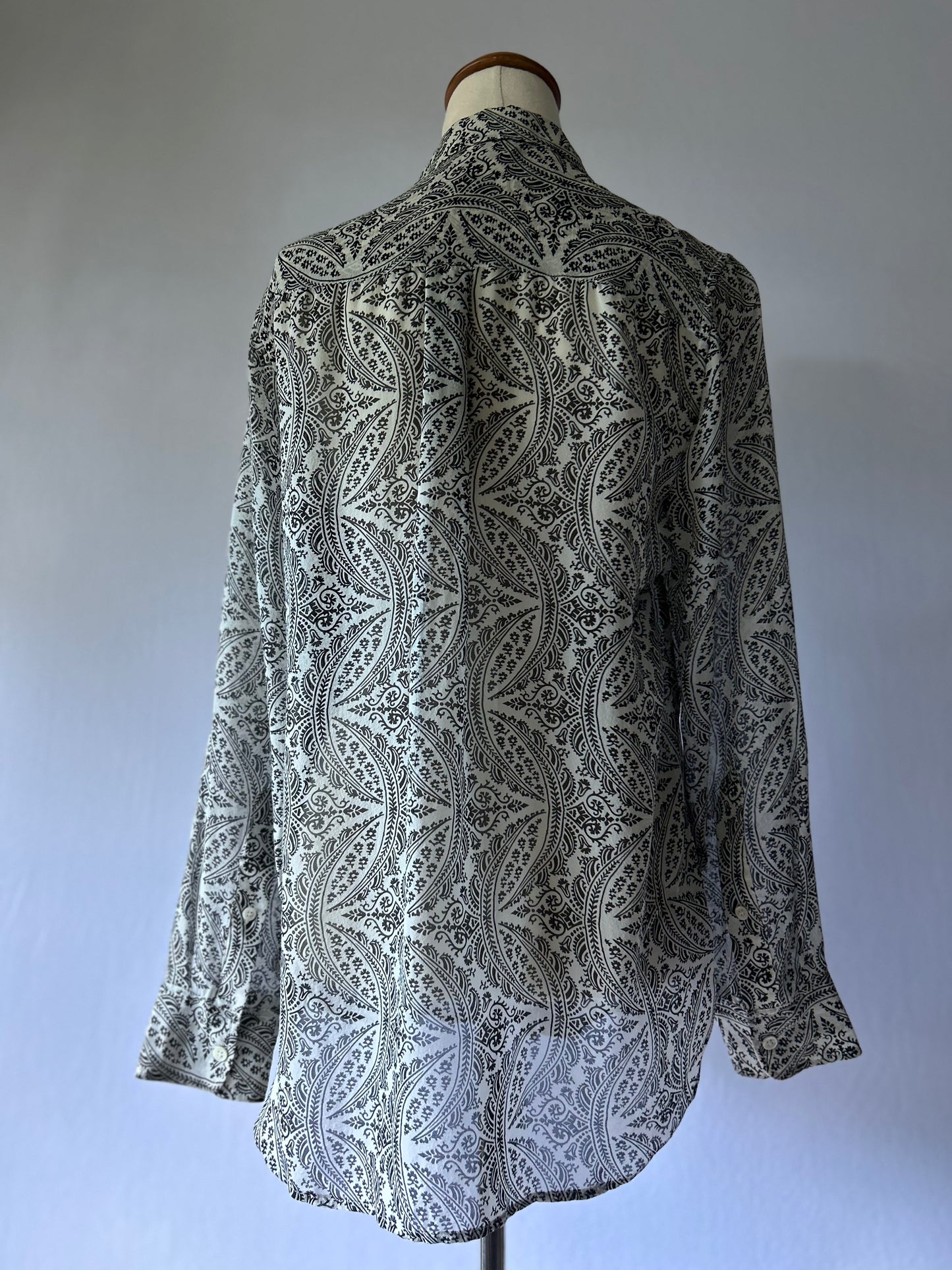 Theory Silk Button-Up Shirt – Black & White Paisley, Size S