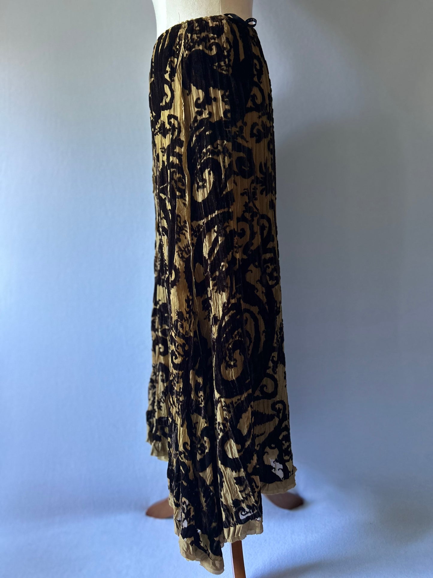 Verge Printed Plissé Maxi Skirt - Size 10 | Silk Trim & Velvet Devoré Detail