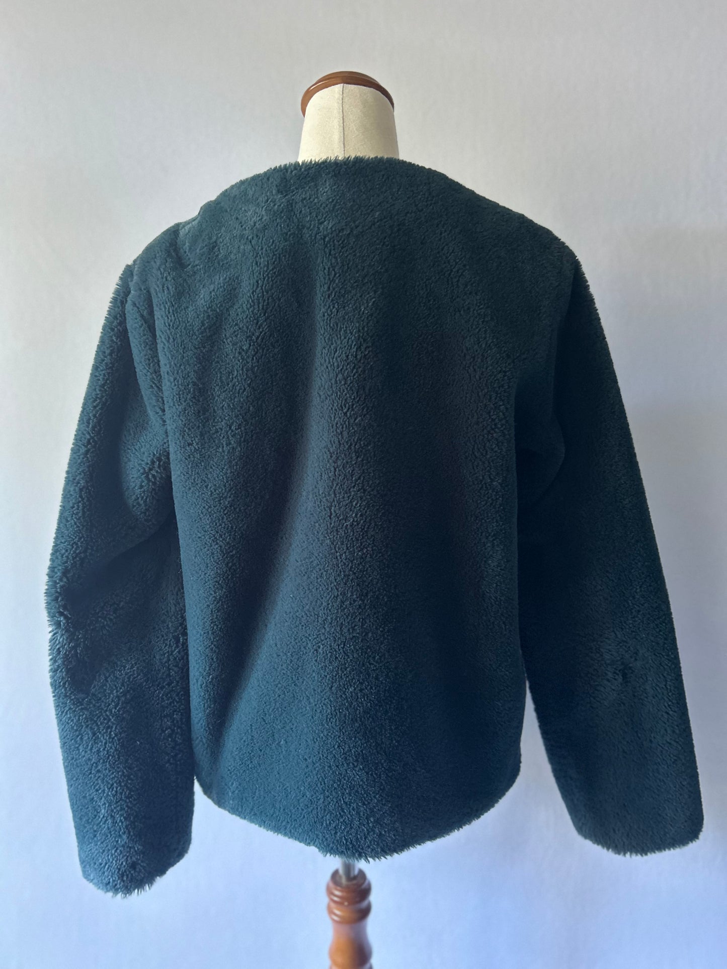 Minimalist Collarless Plush Faux Fur Jacket in Deep Teal - Size UK 12