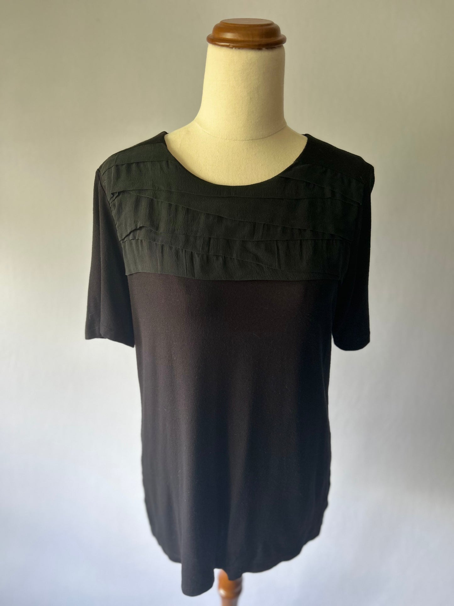 TOAT Black Top with Ruffle Detail – Size 10, Made in New Zealand, Viscose Blend