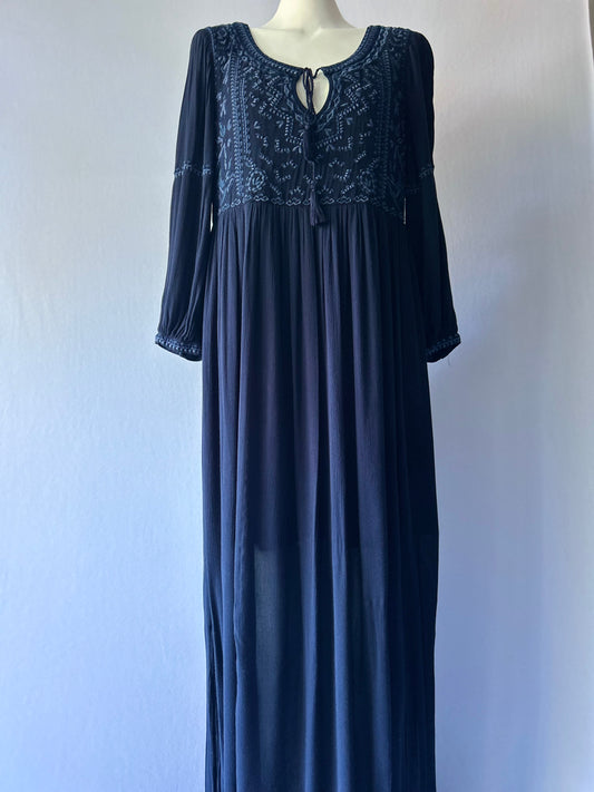Zara New With Tags Navy Boho Maxi Dress | Embroidered Bodice | Size Large