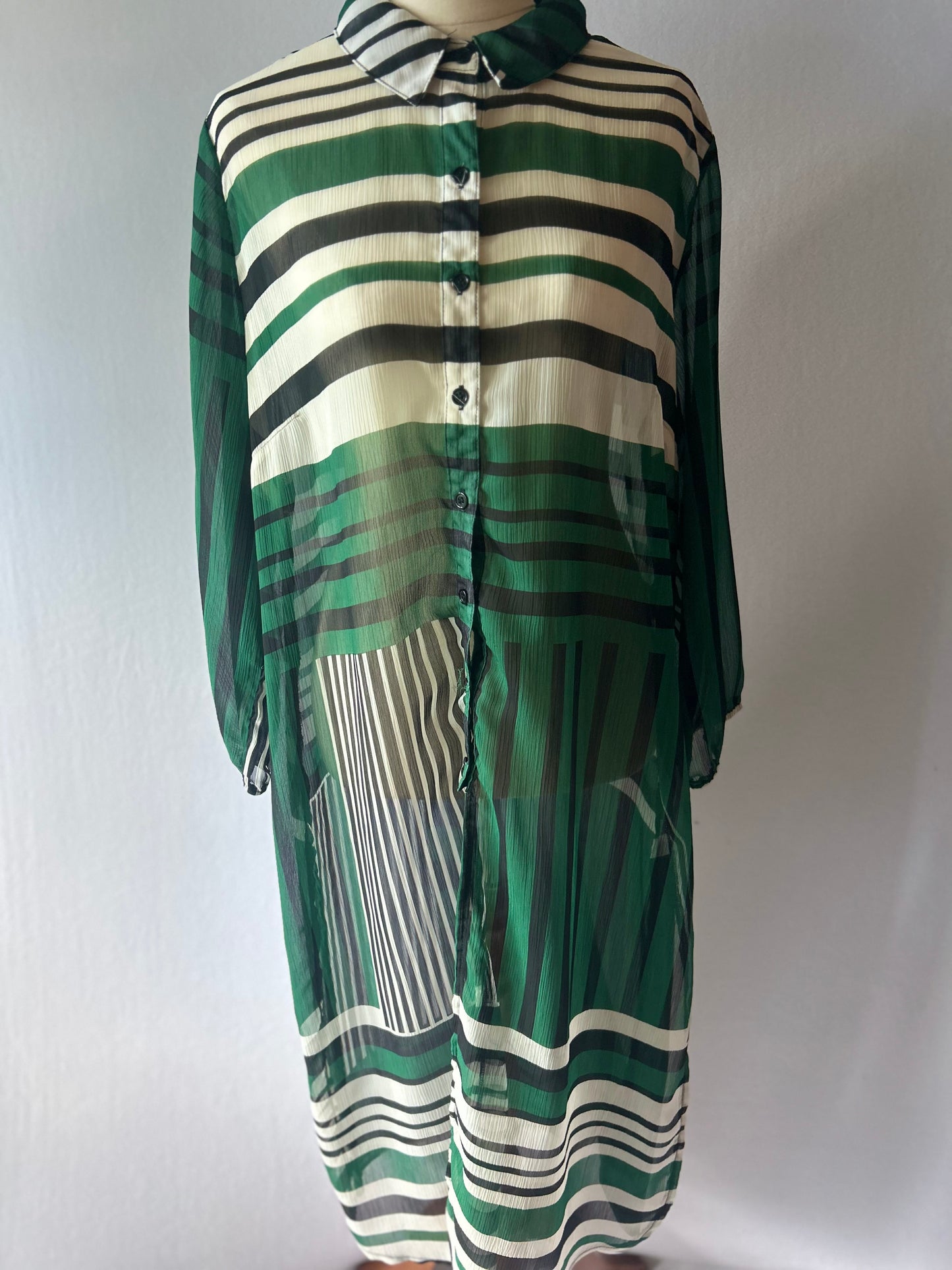 Coco&Belle Graphic Mixed-Stripe Sheer Chiffon Chemise Dress - Green & Black - Size 12