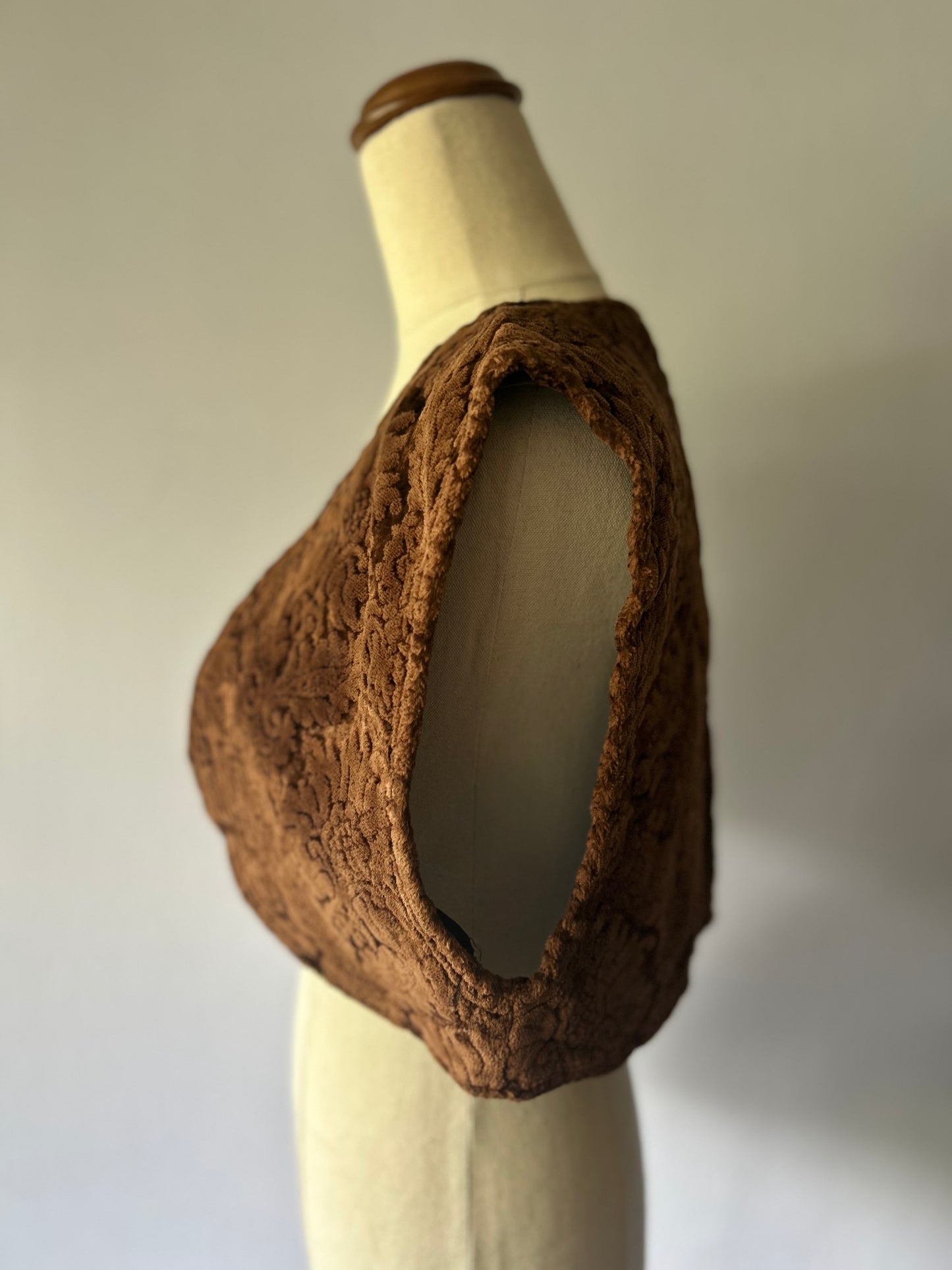 Artisanal Brown Floral Velvet Damask Bolero Vest - Size Small