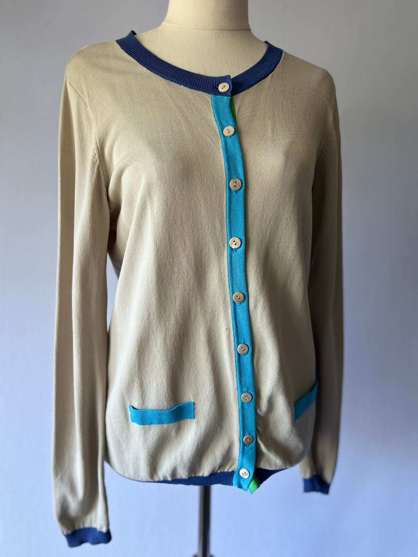 Beige Cardigan with Blue Trim – Size M, Viscose Blend