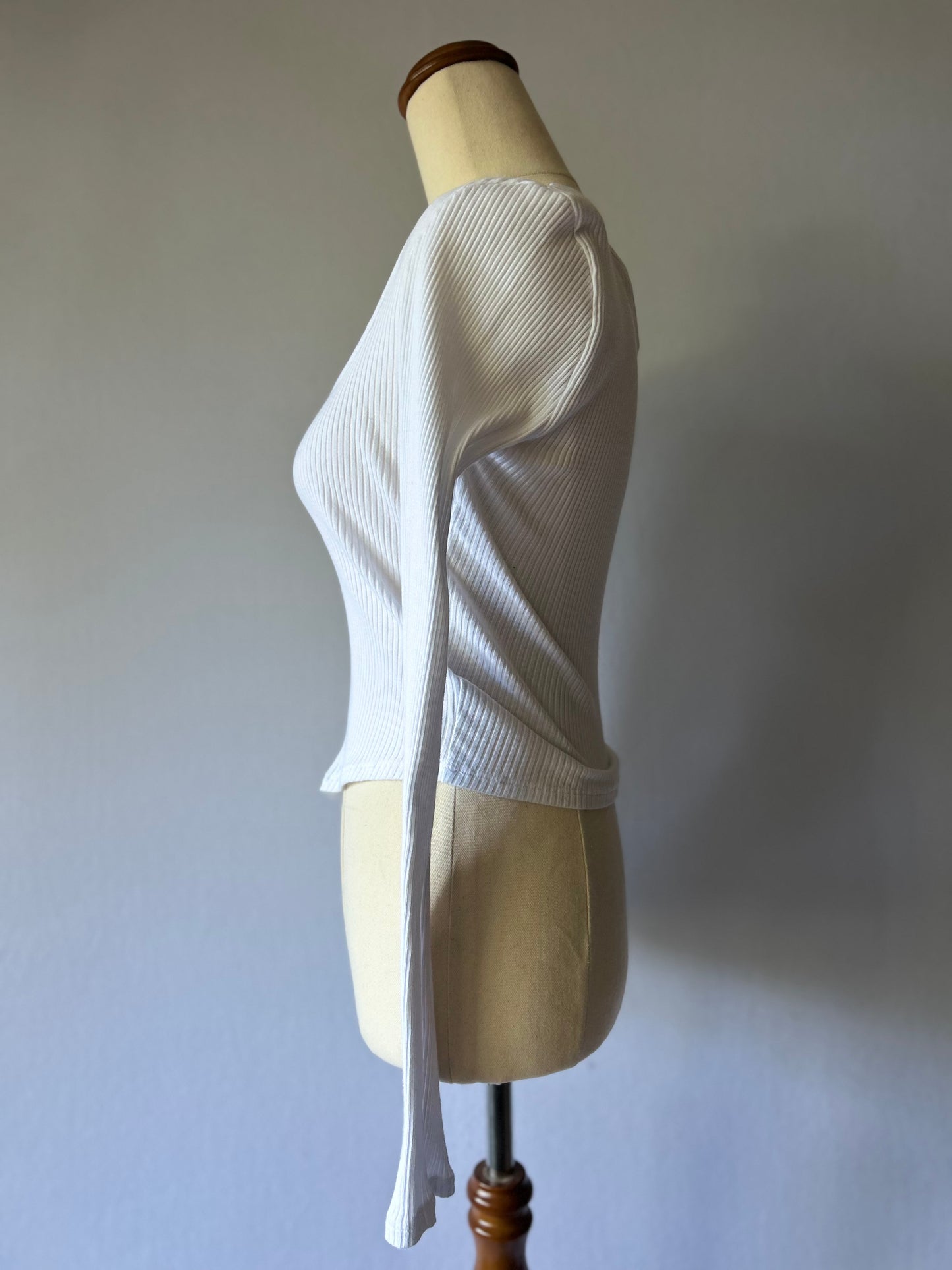 Ribbed Cotton Long-Sleeve Curved Hem Top - Optical White - Size Small