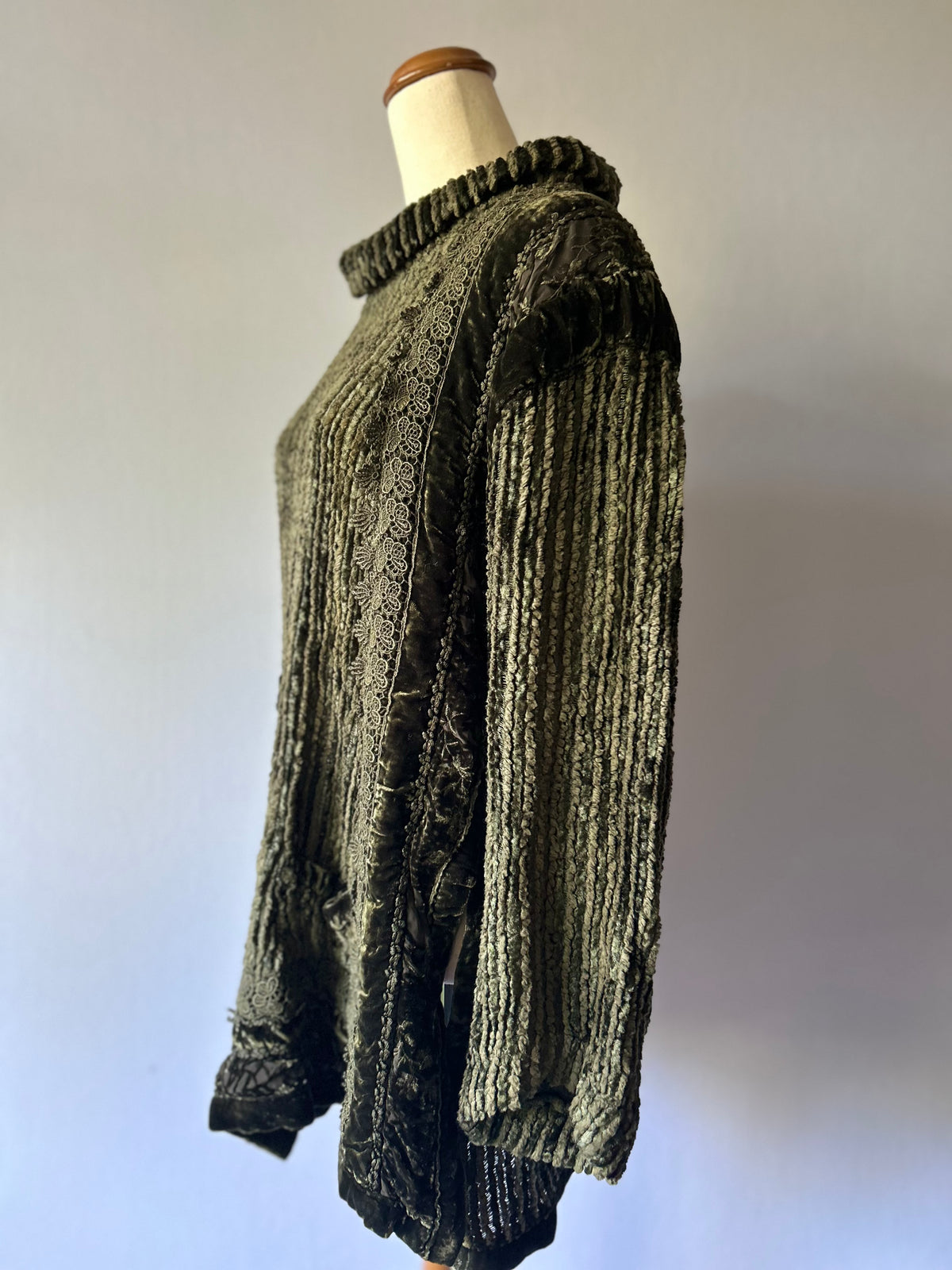 Vintage Olive Velvet & Lace Panel Shoulder Pad Tunic Top - Size 10