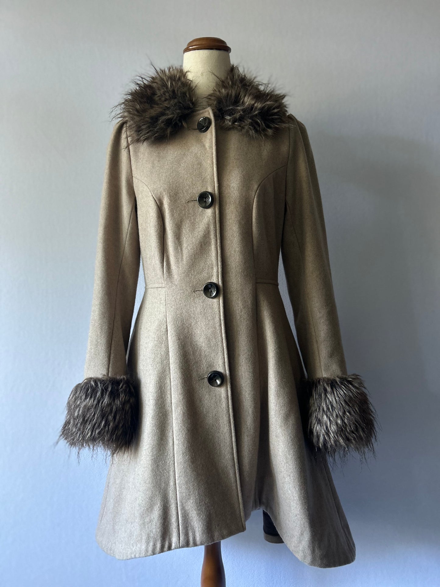 Vintage-Style Faux Fur Trimmed Wool-Blend Princess Coat - Size 8