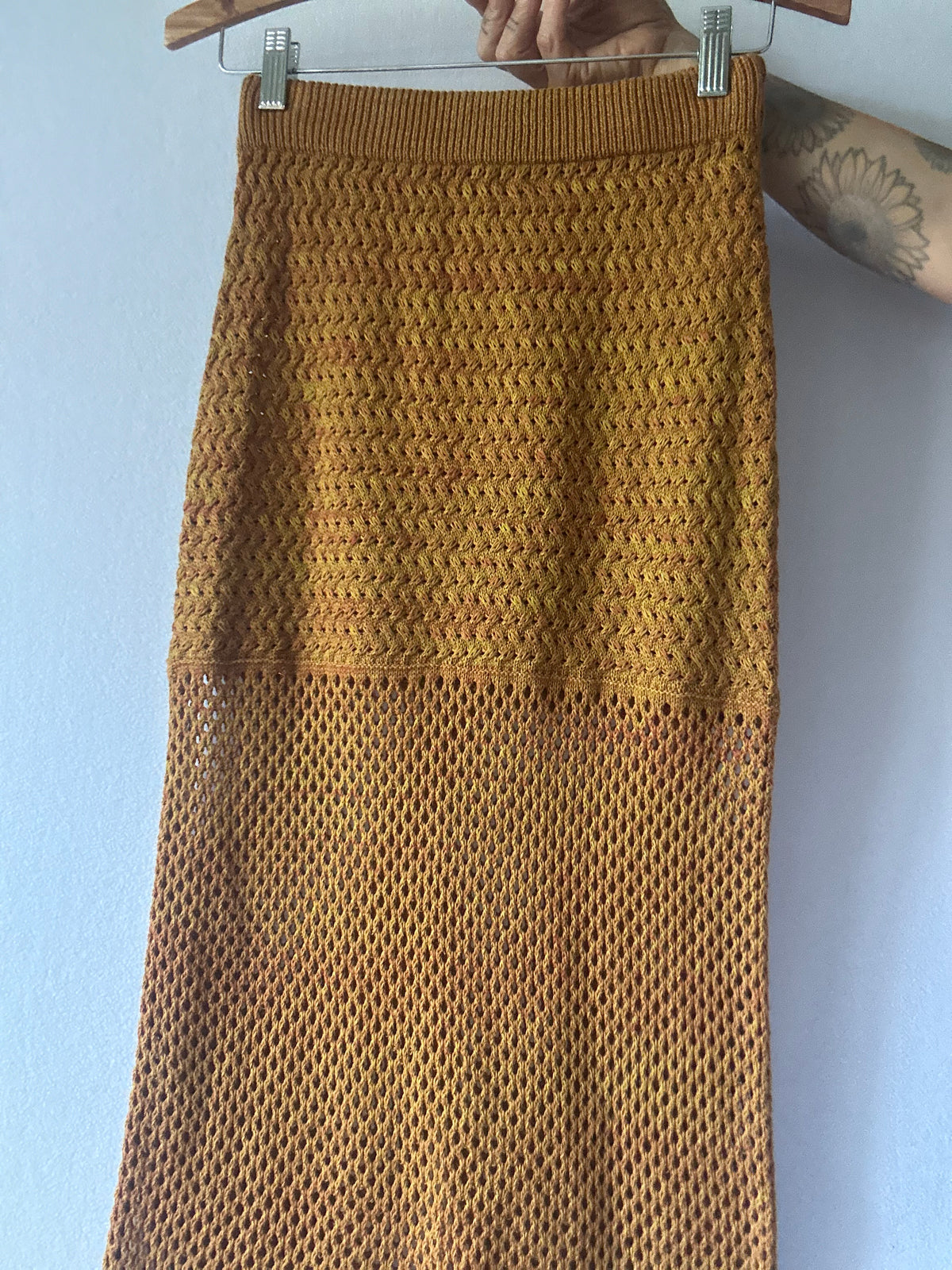 Mustard Caramel Crochet Open-Knit Cotton Maxi Skirt - Size S