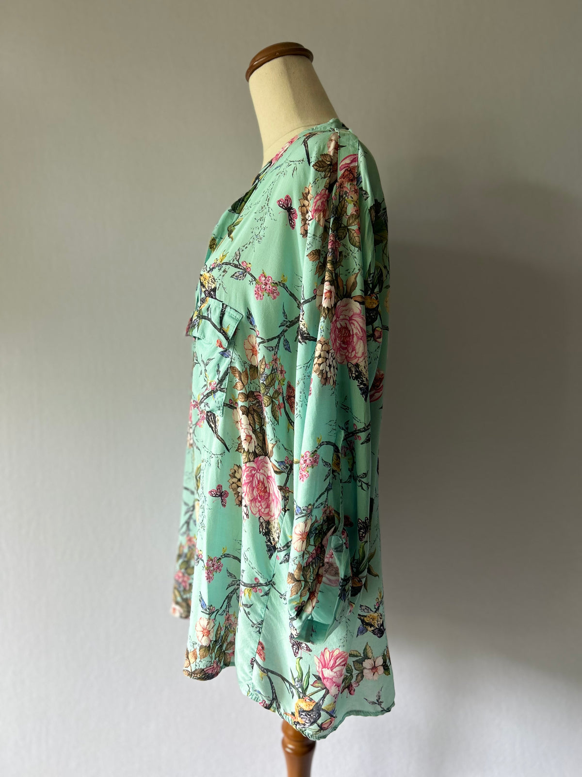 Mint Green Floral & Bird Print Viscose Shirt – Size L