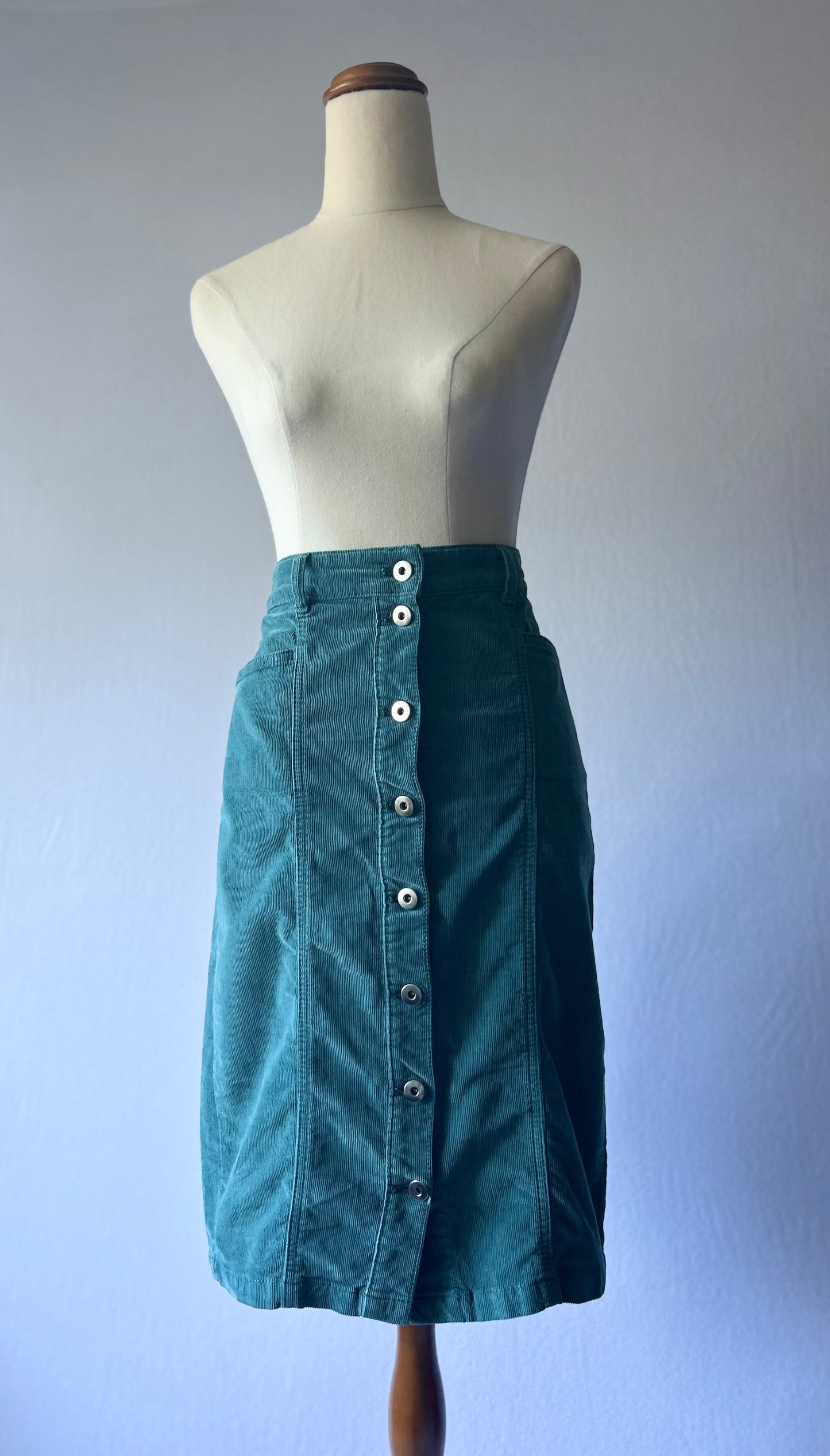 Teal Green Corduroy Skirt | Size 12 | Button-Front with Pockets | Knee Length