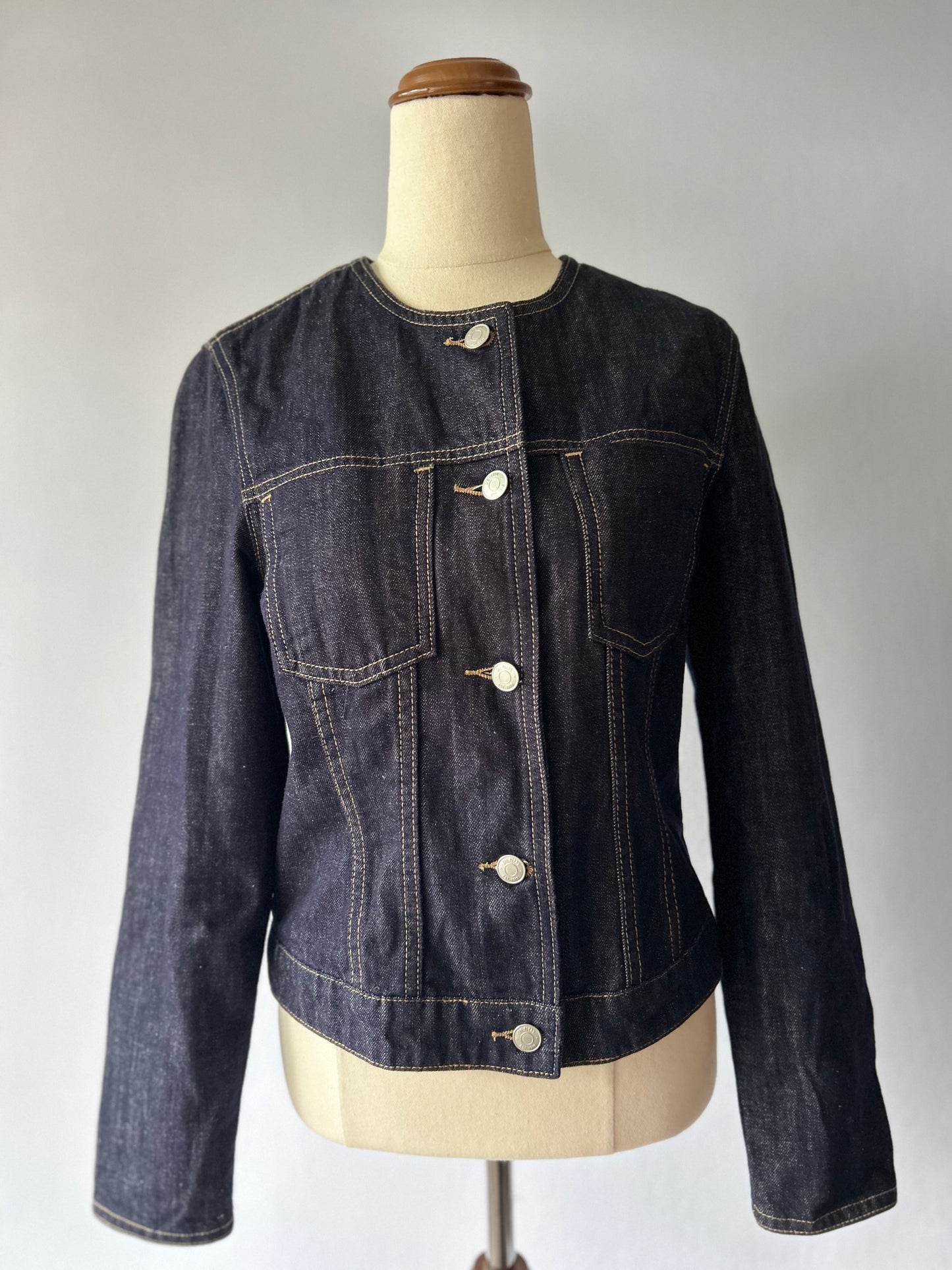 Minimalist Collarless Indigo Denim Jacket - Size S
