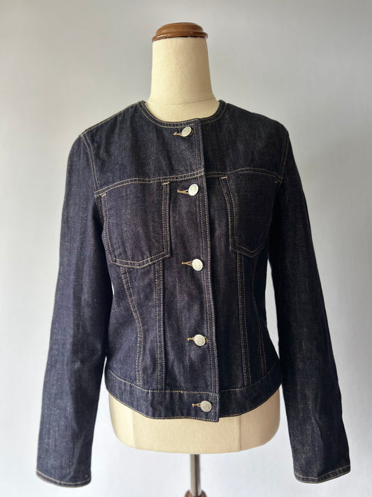 Minimalist Collarless Indigo Denim Jacket - Size S