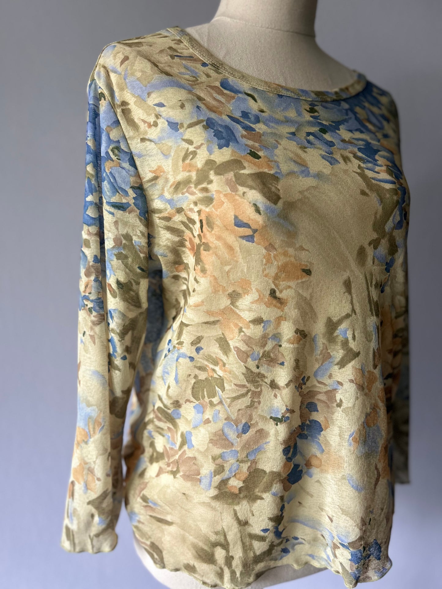 Abstract Watercolor Sheer Mesh Long-Sleeve Top - Size M