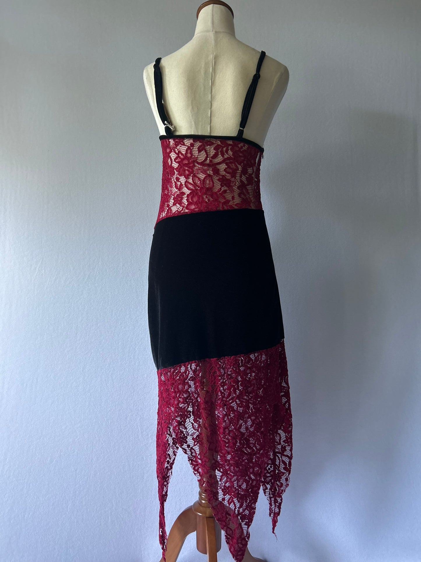 Velvet & Lace Asymmetric Midi Dress - Black & Burgundy - Size M