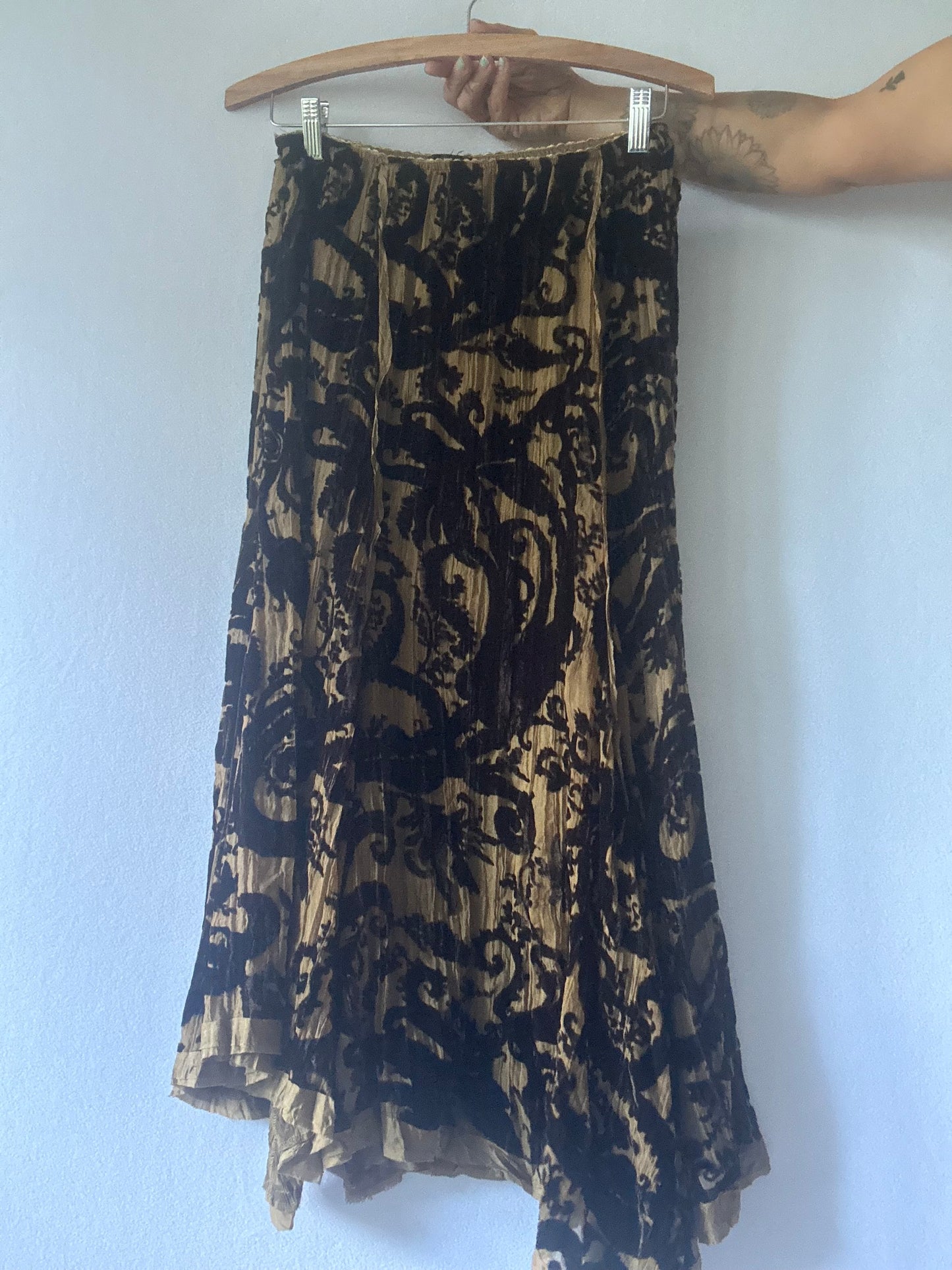 Verge Printed Plissé Maxi Skirt - Size 10 | Silk Trim & Velvet Devoré Detail