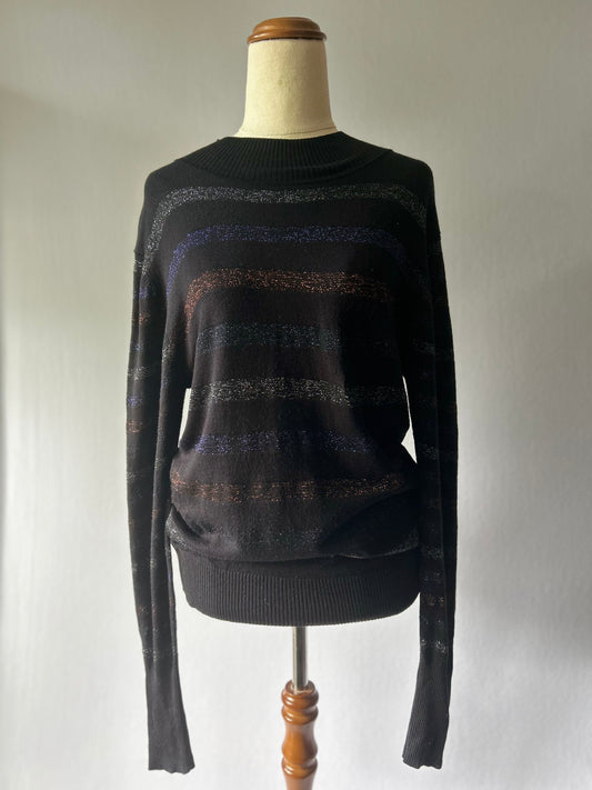 Cue Black Fine-Knit Metallic Lurex Striped Jumper - Size Large