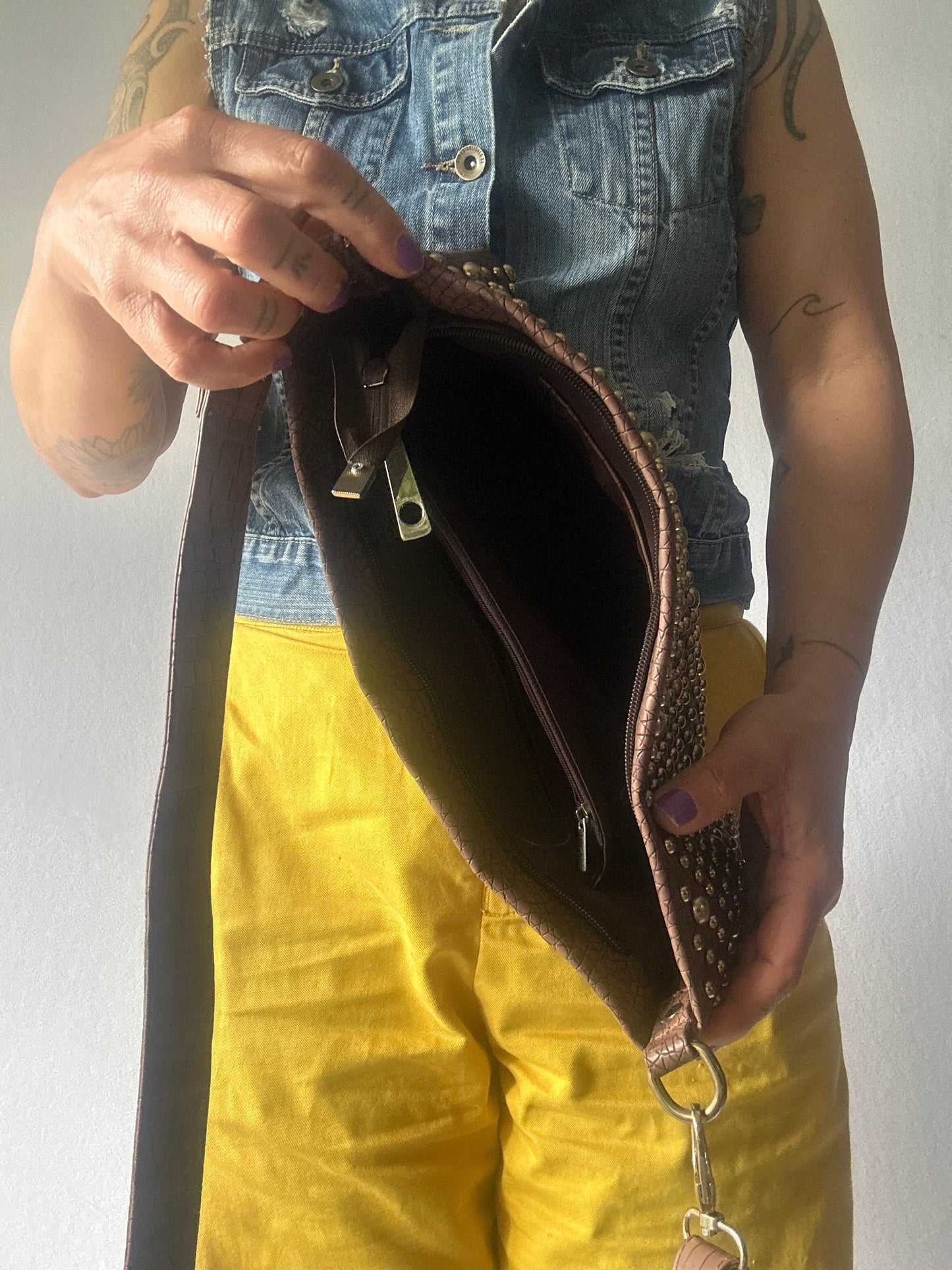 Brown Studded Leather Shoulder Bag