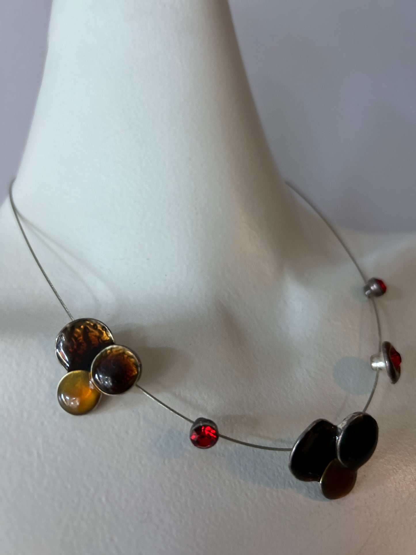Vintage Modernist Floating Illusion Wire Scarf Necklace - Earth Tones & Ruby Red