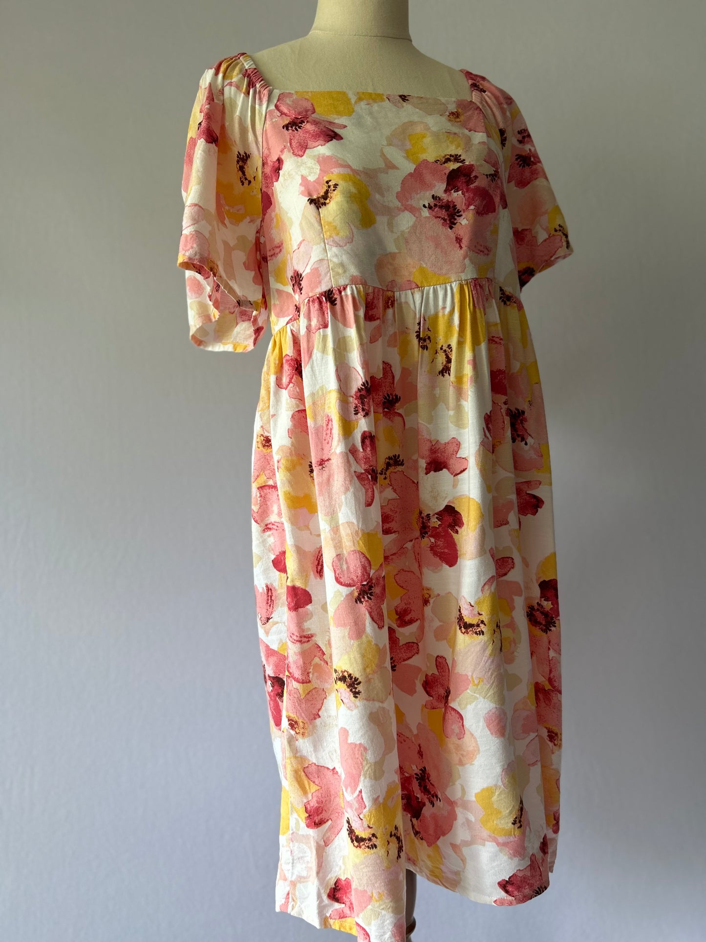 Size 12 | Flowy Floral Cotton Babydoll Dress | Pink Yellow Square Neck