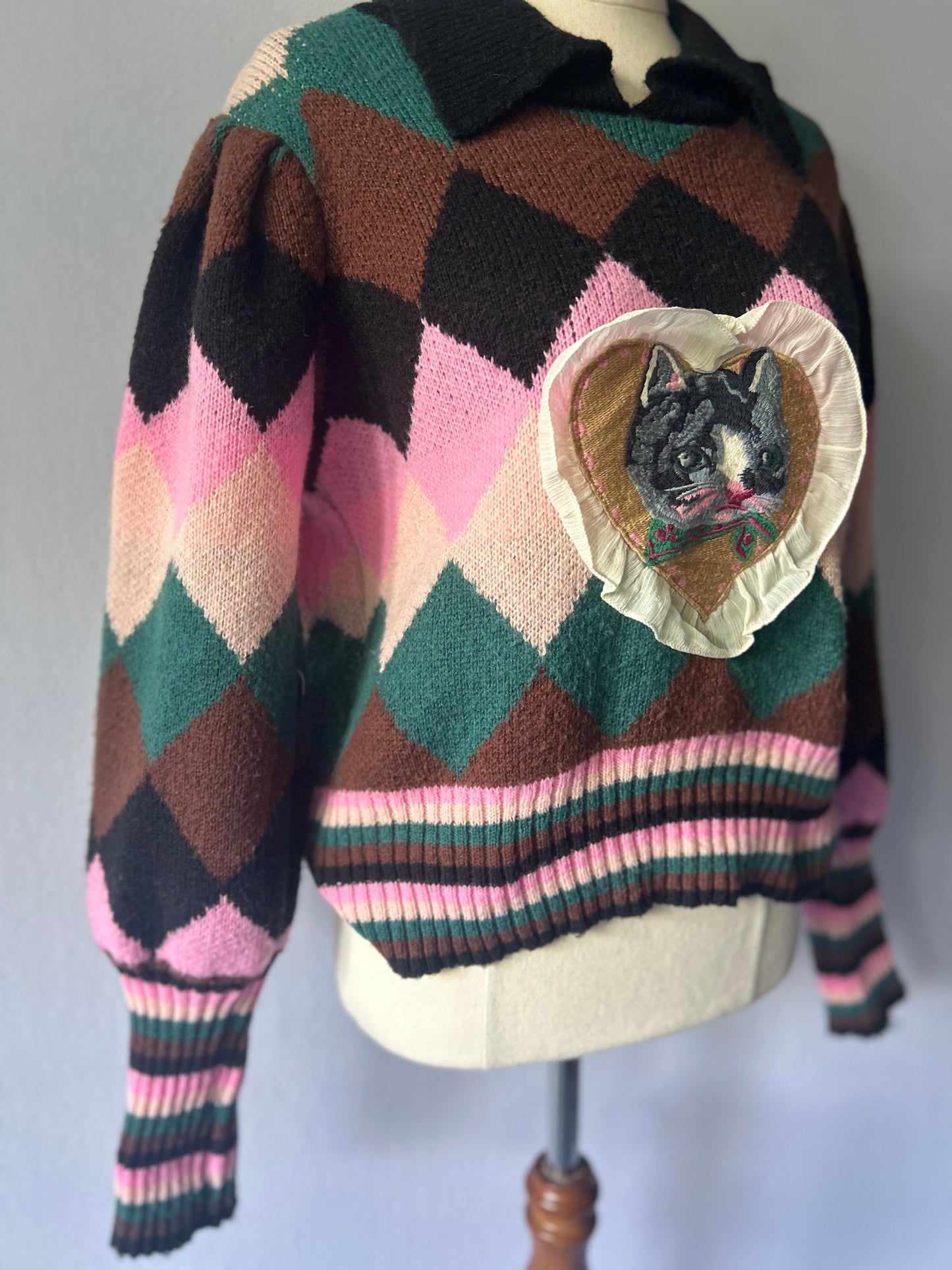 Vintage Argyle Knit Polo Sweater with Heart Cat Patch - Size Small