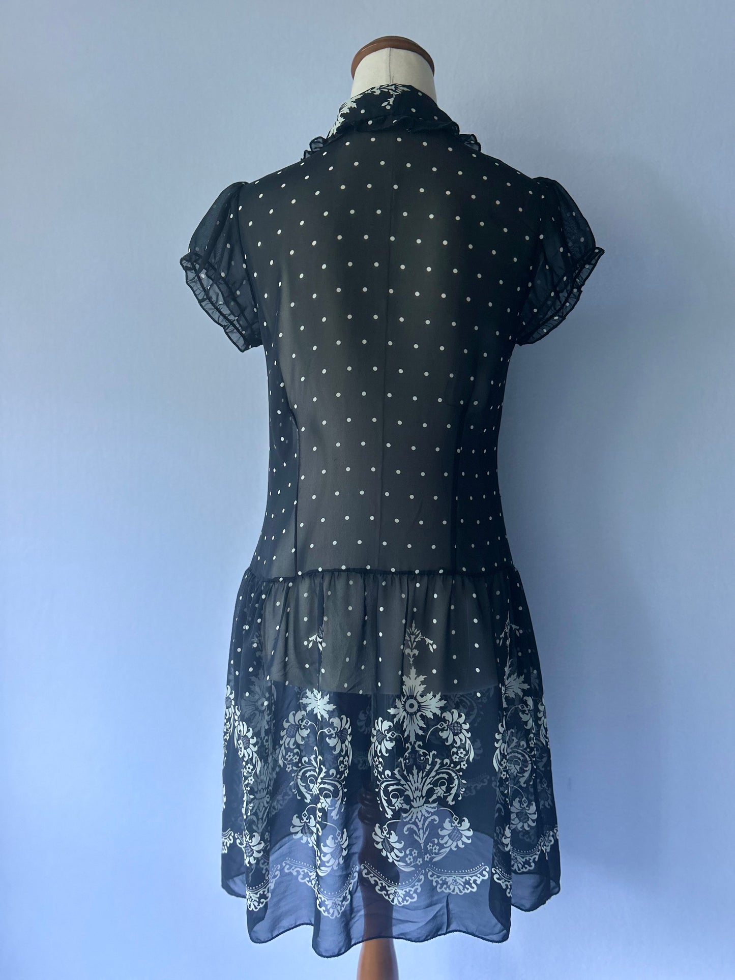 Polka Dot & Baroque Border Print Sheer Mini Dress - Size S
