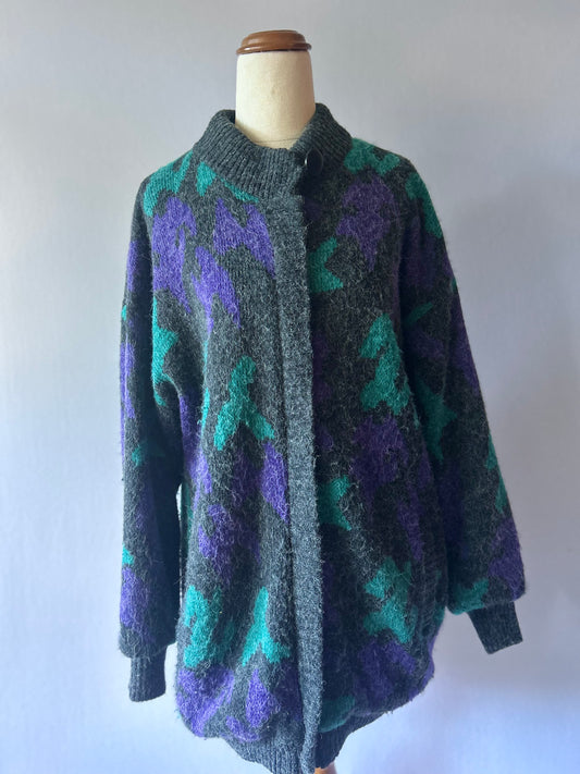 Vintage Korean Made Geometric Fuzzy Knit Oversized Cardigan - Multi/Grey - Size M