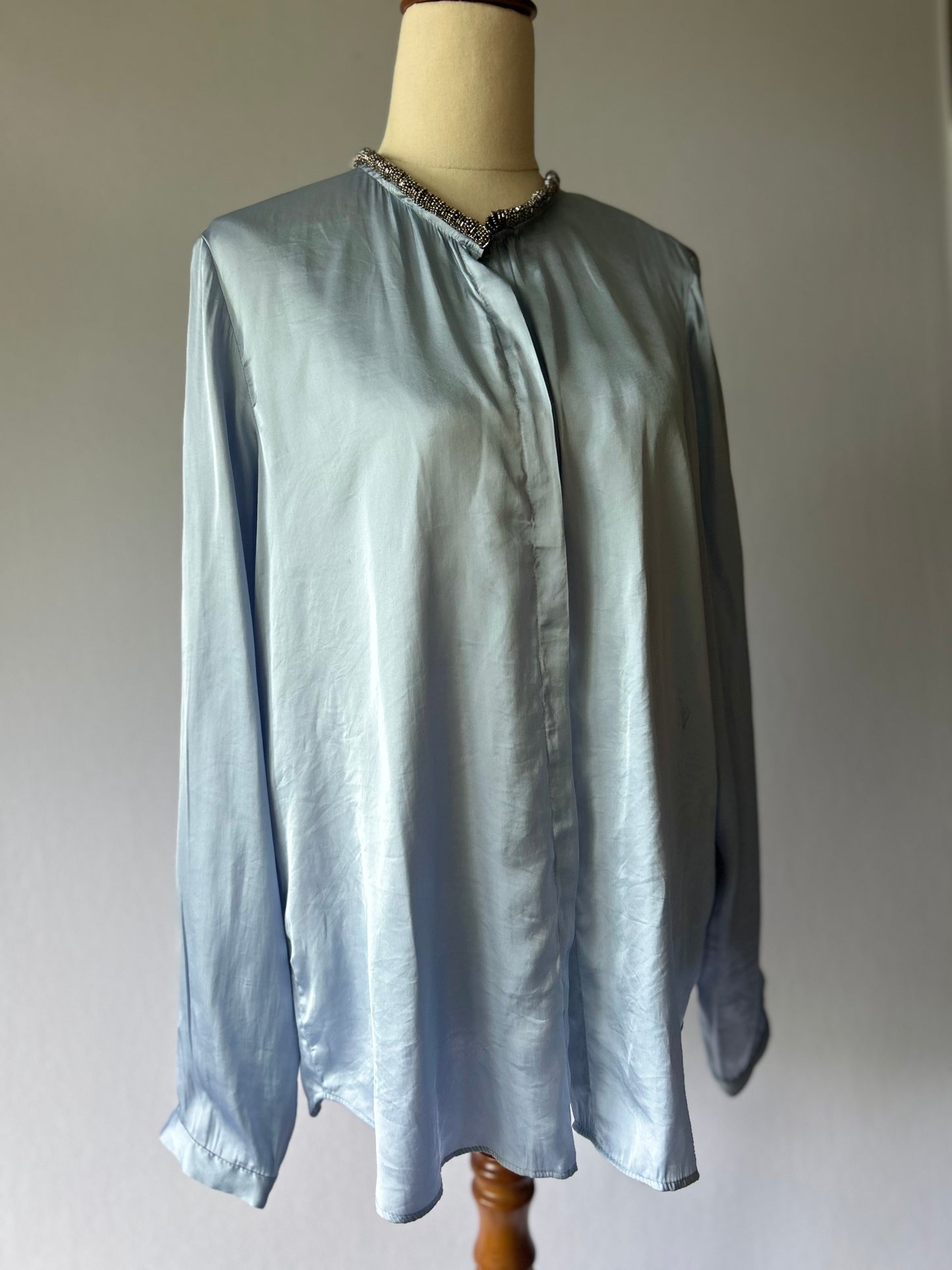 Zara Embellished Collar Satin Blouse - Powder Blue - Size XL
