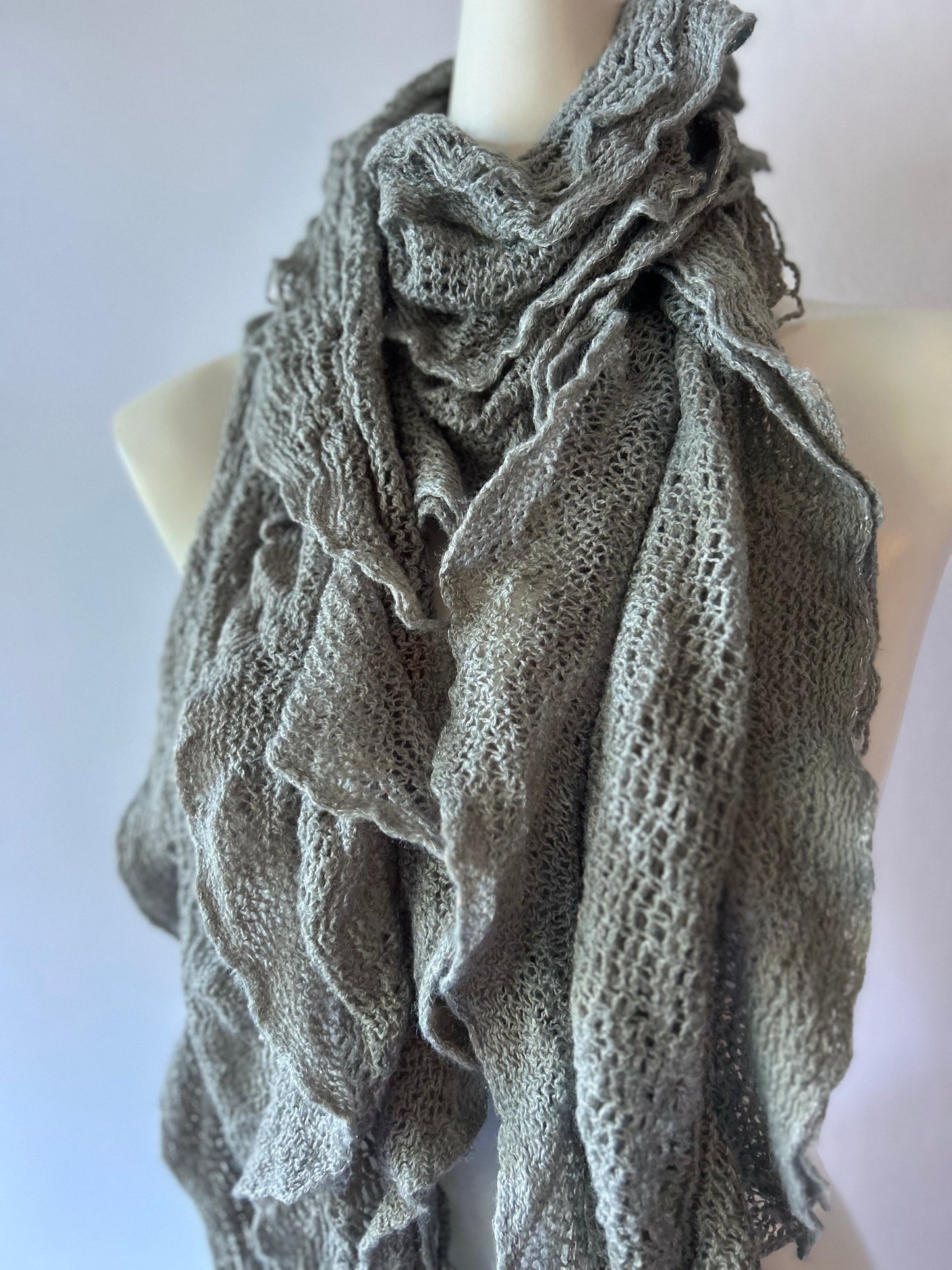 Romantic Lightweight Ruffled Edge Knit Scarf - Heather Slate Grey