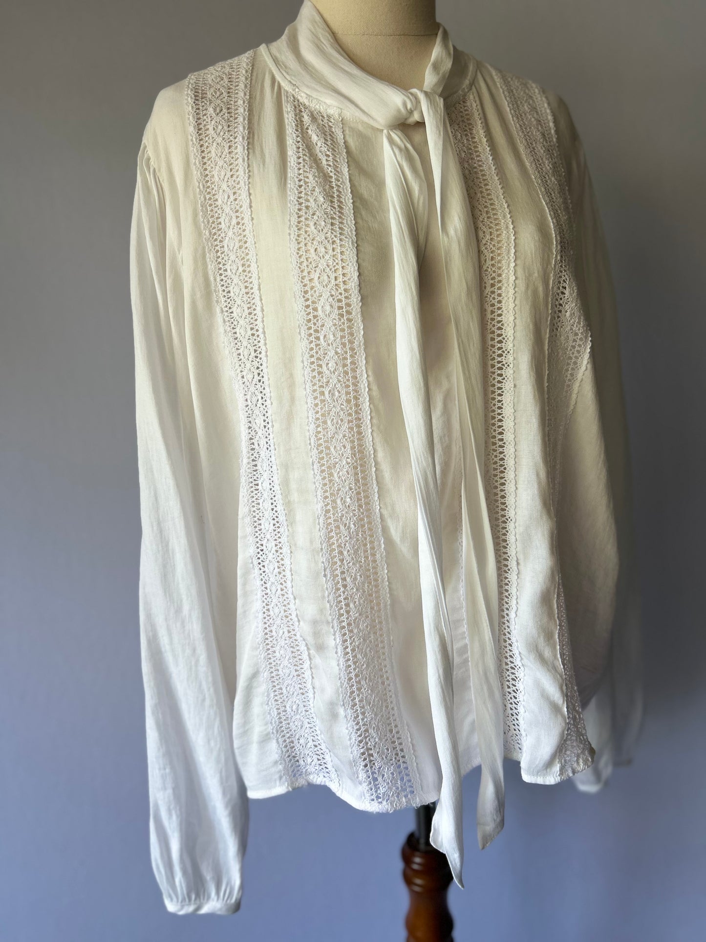 Zara Romantic Lace Insert Tie-Neck Blouse - White - Size L