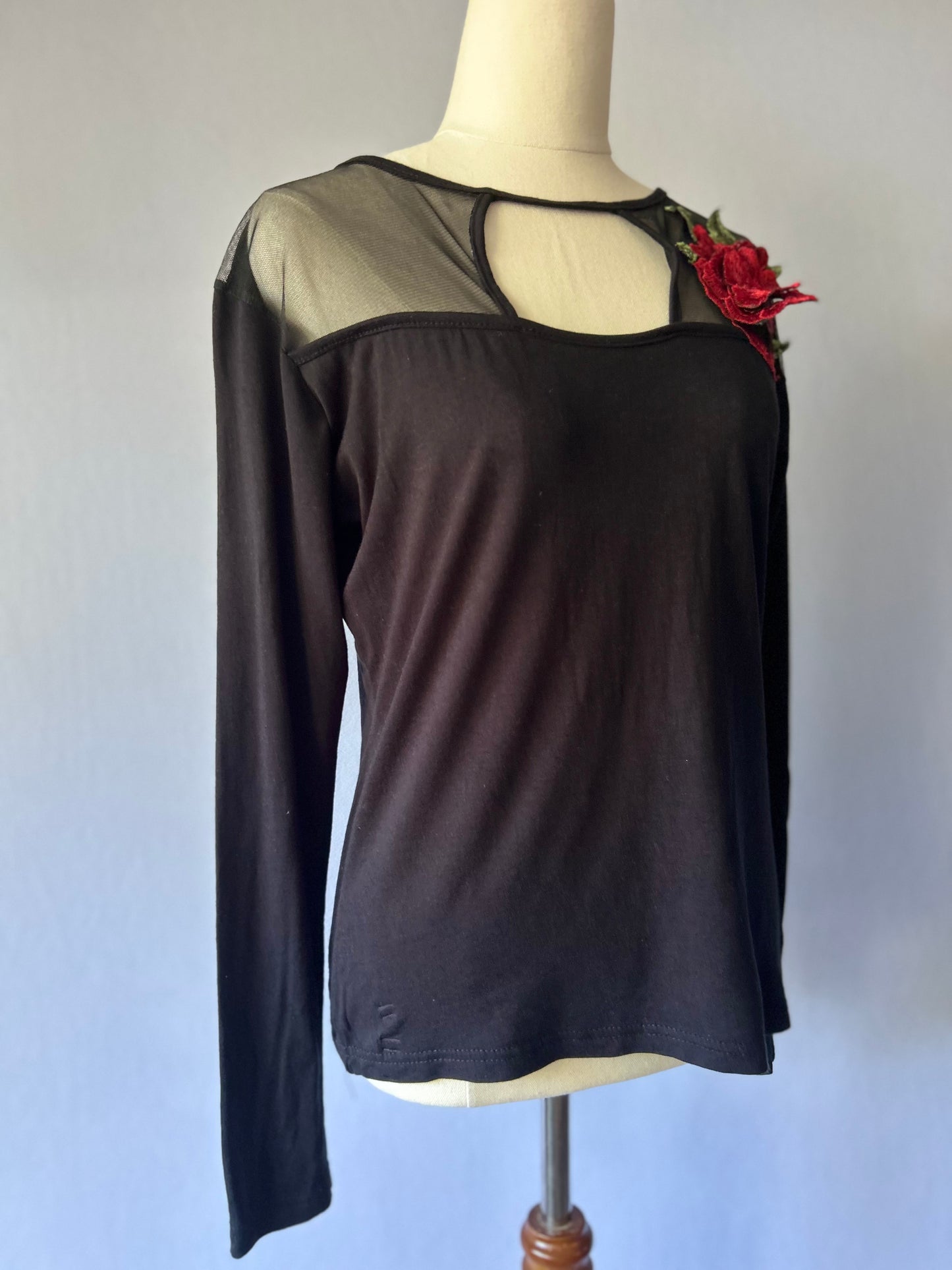 Black Long-Sleeve Mesh Panel Top with 3D Rose Appliqué - Size M/L