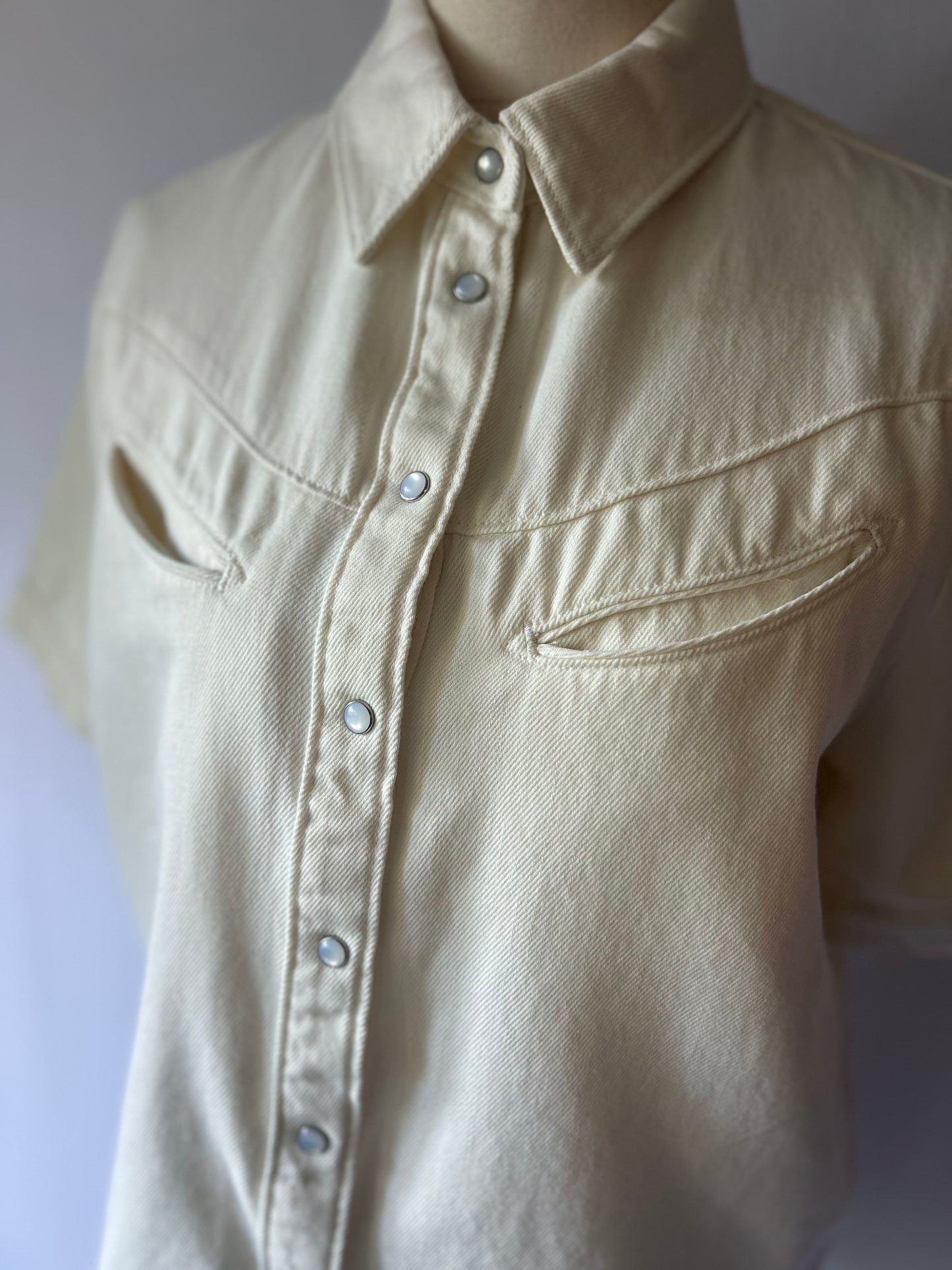 Ecru Cotton Denim Western Snap Shirt - Size Small