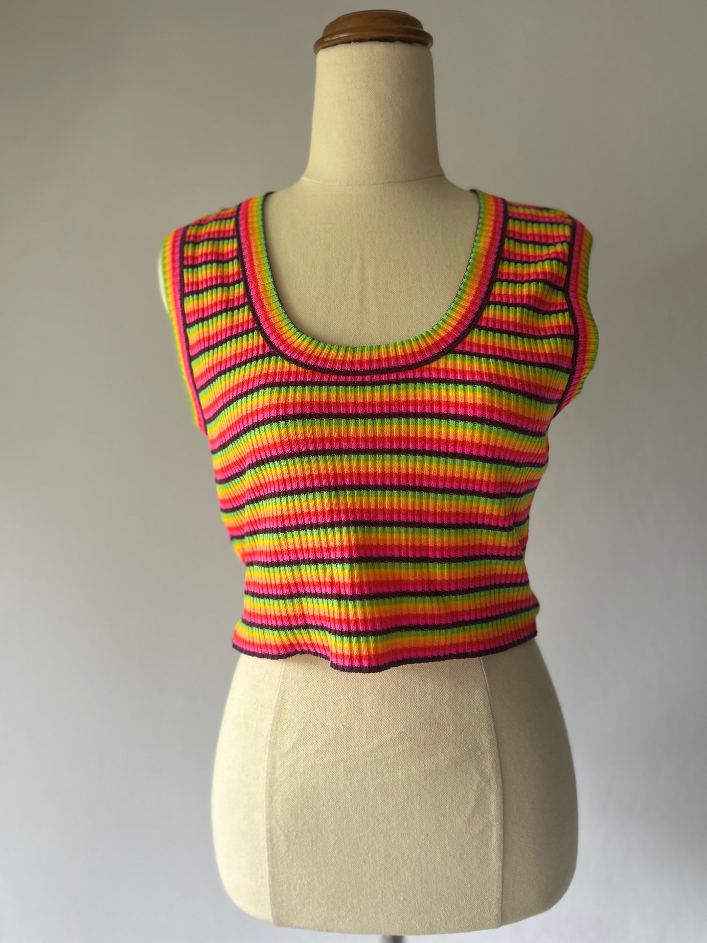 Rainbow Neon Striped Ribbed Knit Crop Top - Festival Ready