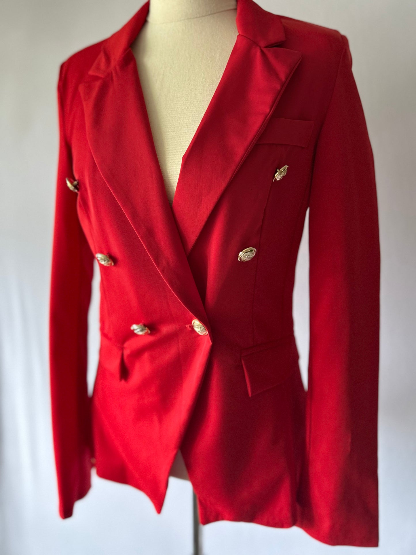 Red Double-Breasted Blazer with Gold Buttons – Size S – Viscose Blend