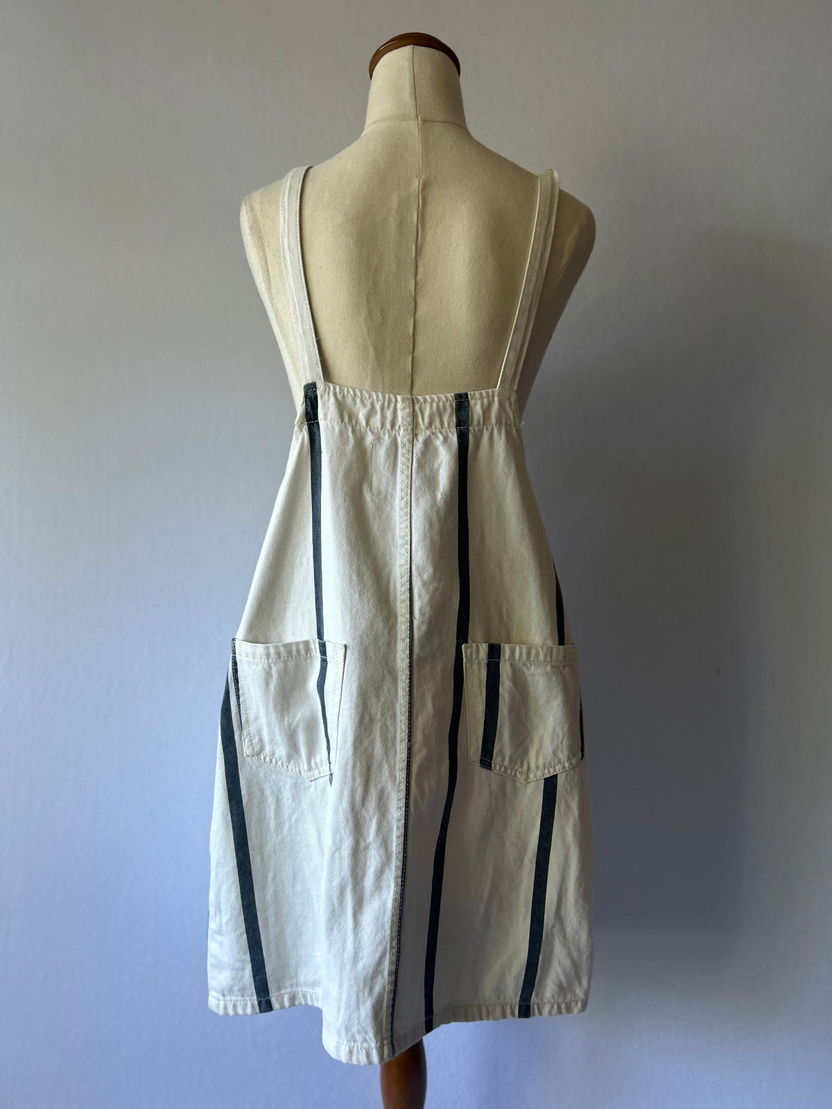 Off-White Navy Striped Cotton Dungaree Pinafore Dress - Size 10
