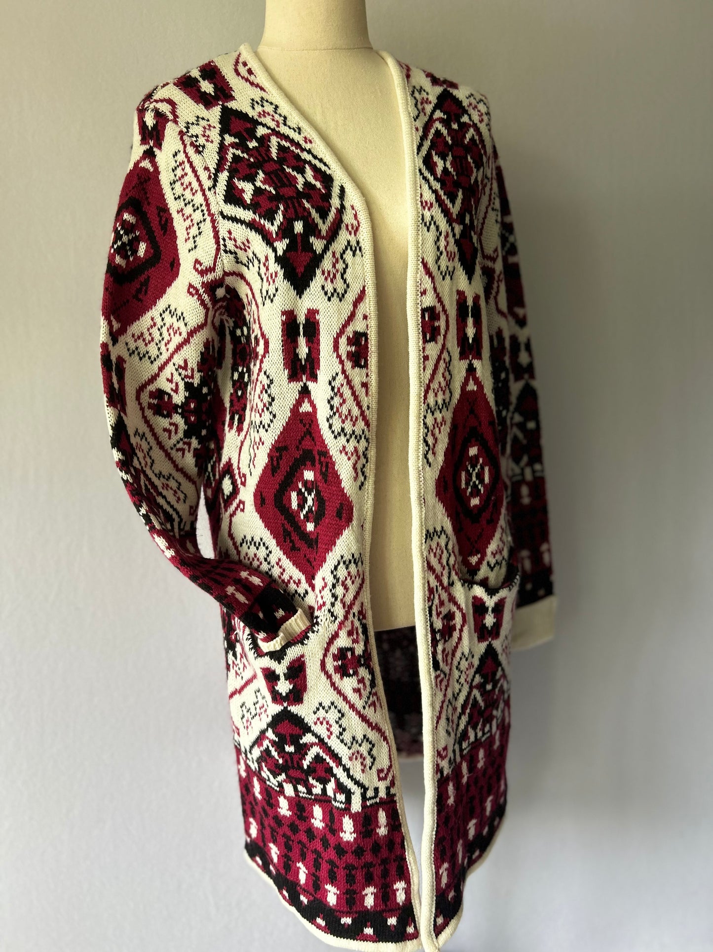 Boho-Chic Geometric Tribal Knit Cardigan – Size XS