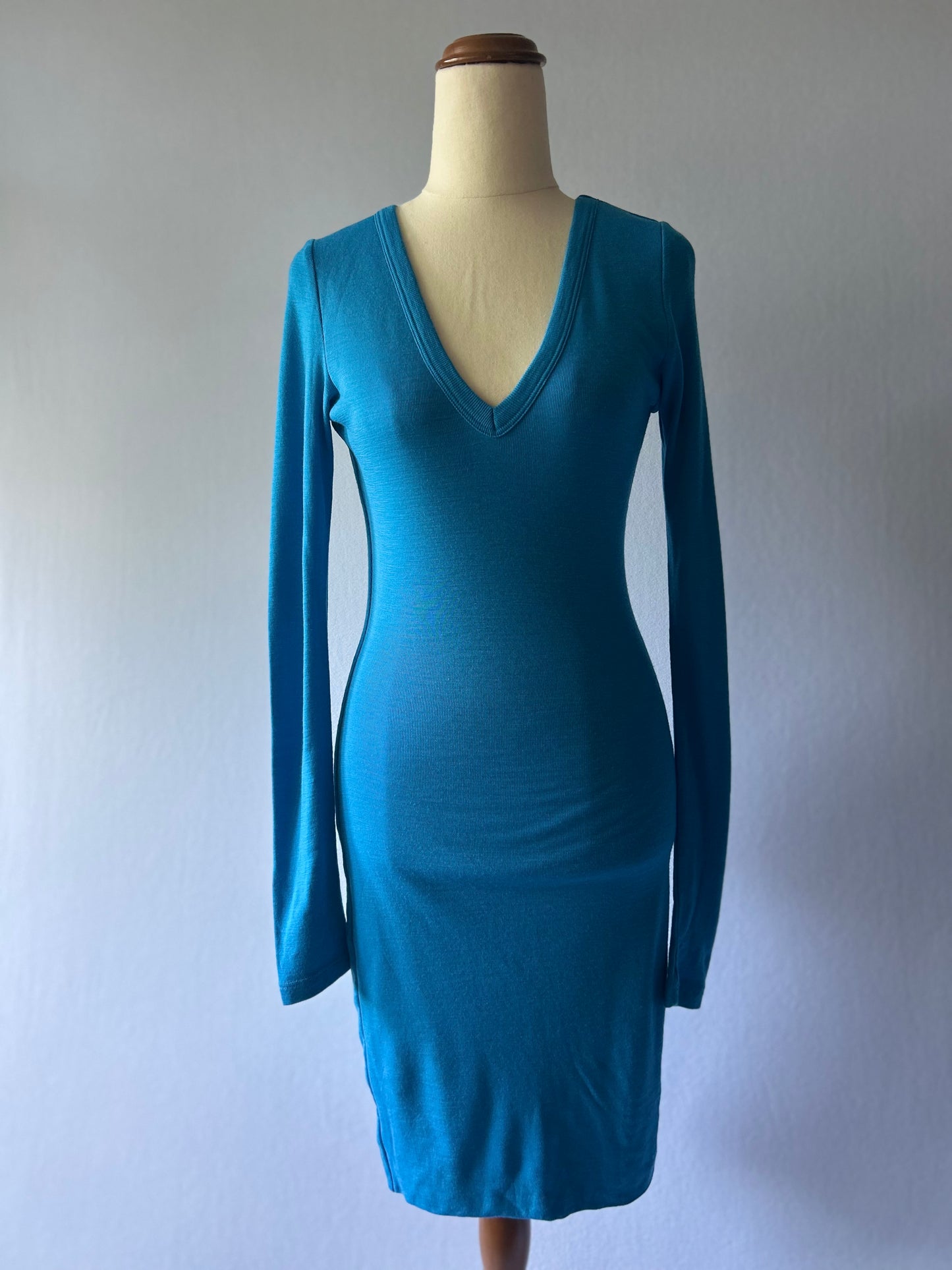 Kookai 100% Wool Long Sleeve V-Neck Dress - Blue - Size 1 (NZ 6-8)