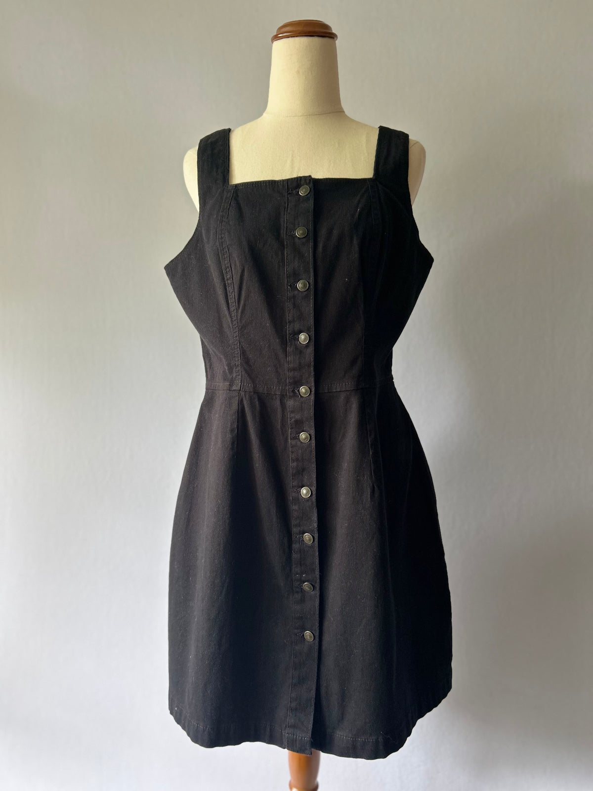 Black Cotton Stretch Button-Through Pinafore Dress - Size 12