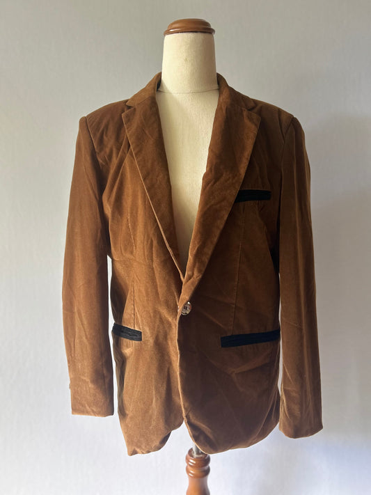 Vintage Contrast-Trim Velvet Blazer - Cognac Brown - Size 8